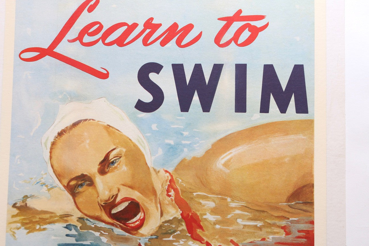 Red Cross Swim Poster and Kick-board 1940s 2 Piece Set Close Up