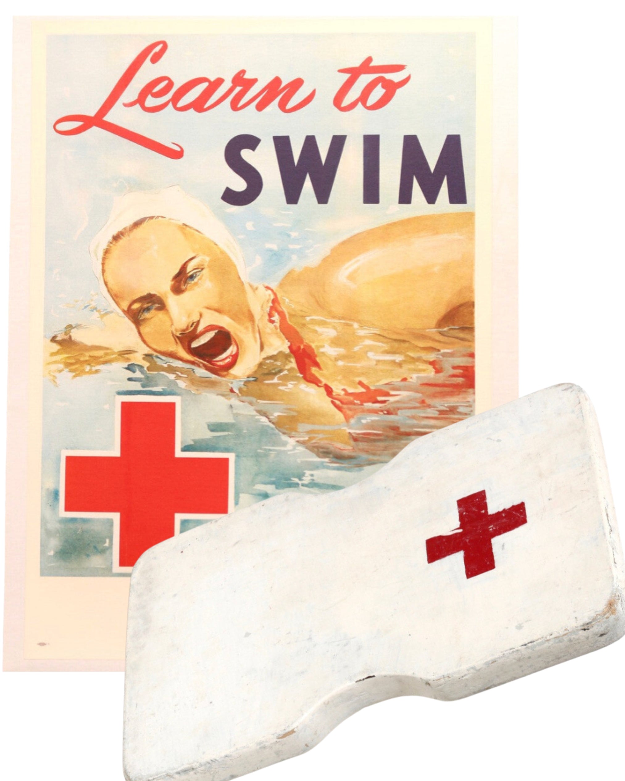 Original 1940s Red Cross "Learn to Swim" Poster and Kickboard