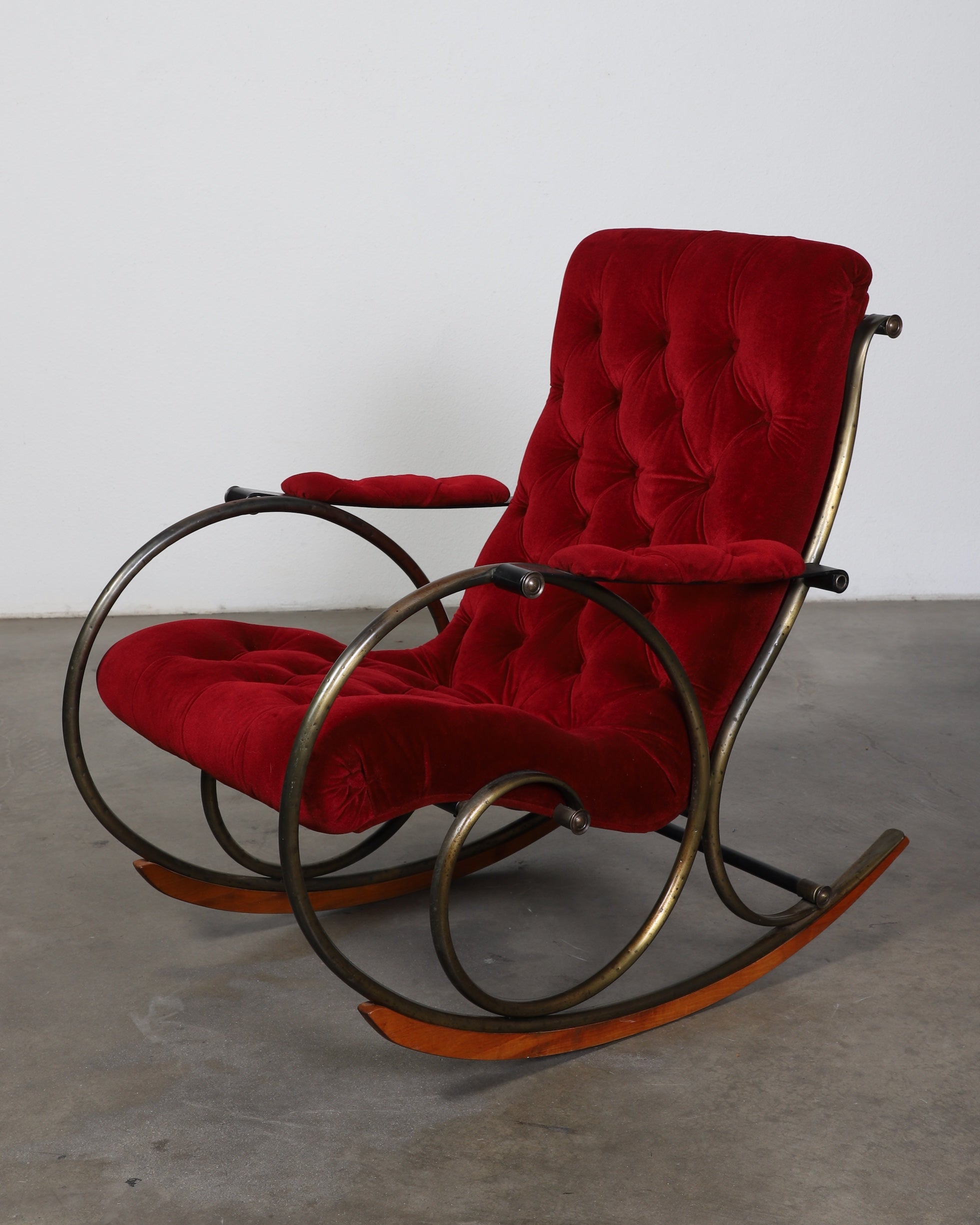 Mid Century Modern Rocking Chair by Lee Woodard Red Velvet + Brass