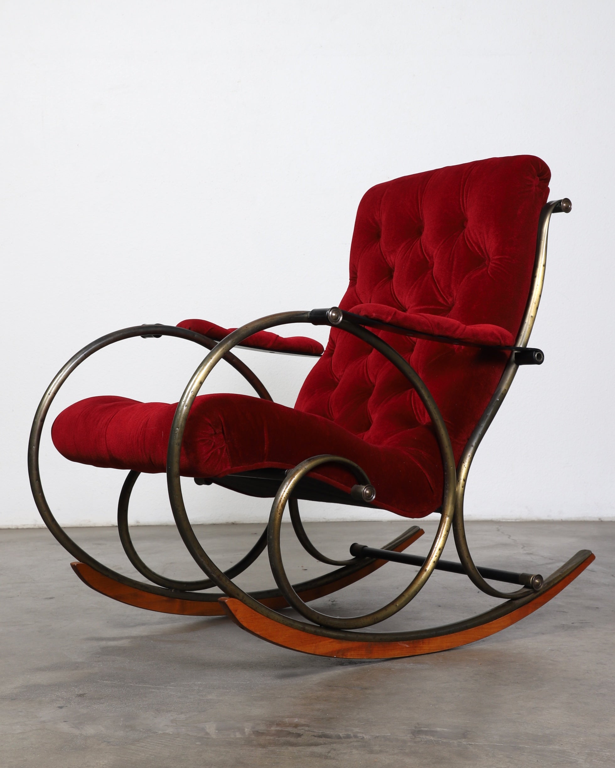 Mid Century Modern Rocking Chair by Lee Woodard Red Velvet + Brass