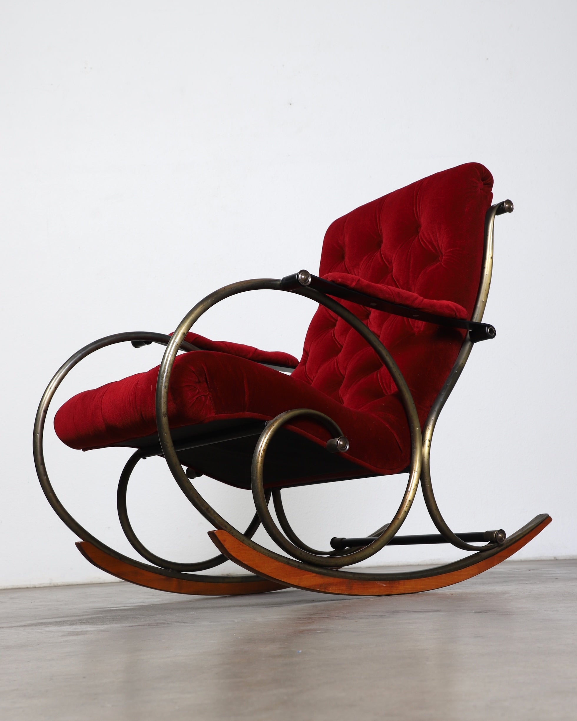 Mid Century Modern Rocking Chair by Lee Woodard Red Velvet + Brass