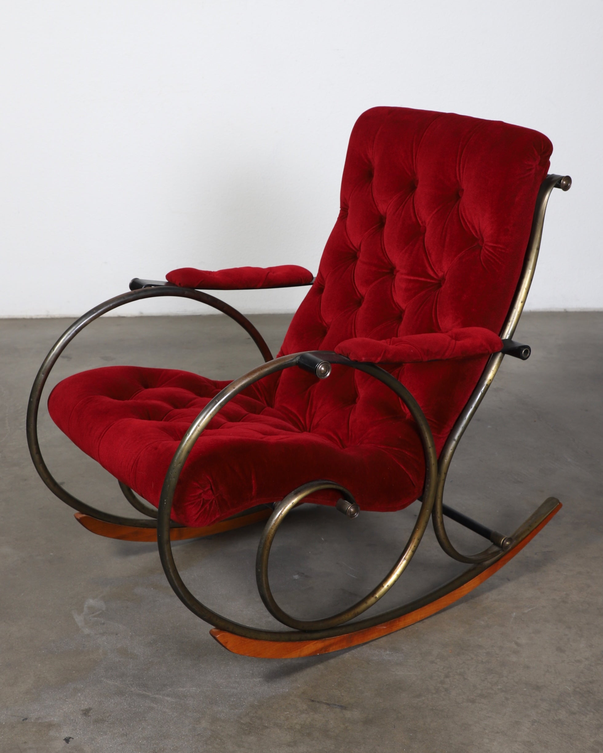 Mid Century Modern Rocking Chair by Lee Woodard Red Velvet + Brass