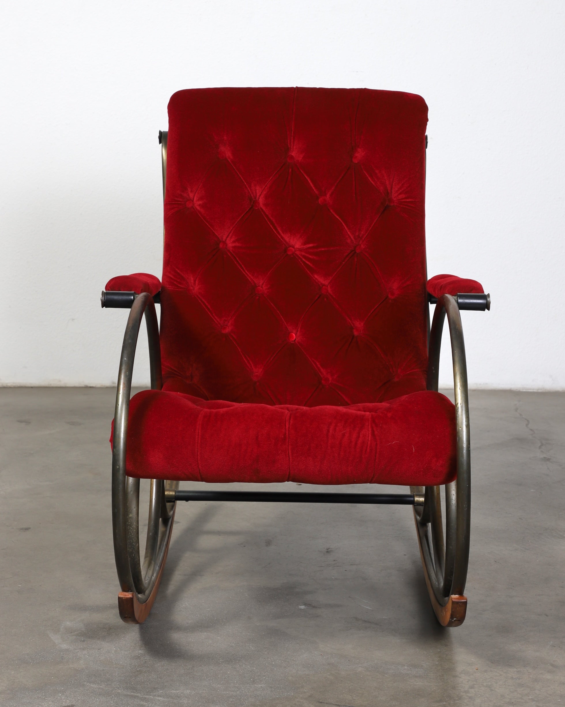 Mid Century Modern Rocking Chair by Lee Woodard Red Velvet + Brass