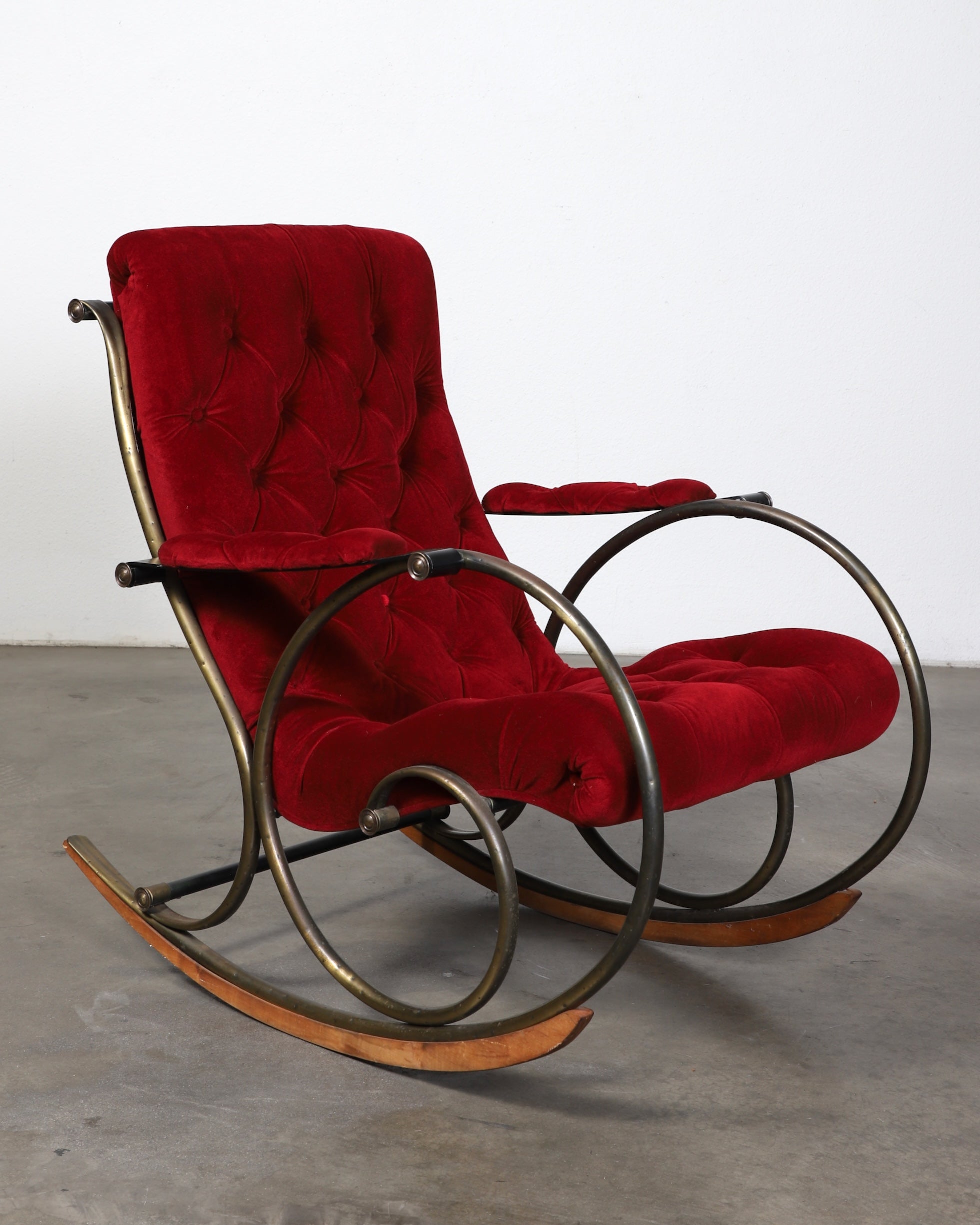 Mid Century Modern Rocking Chair by Lee Woodard Red Velvet + Brass