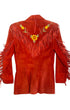 Back view of vintage red suede fringe jacket with embroidered floral yoke and Western styling.
