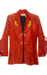 Front view of vintage 1970s red suede Western fringe jacket with floral embroidery and long fringe.
