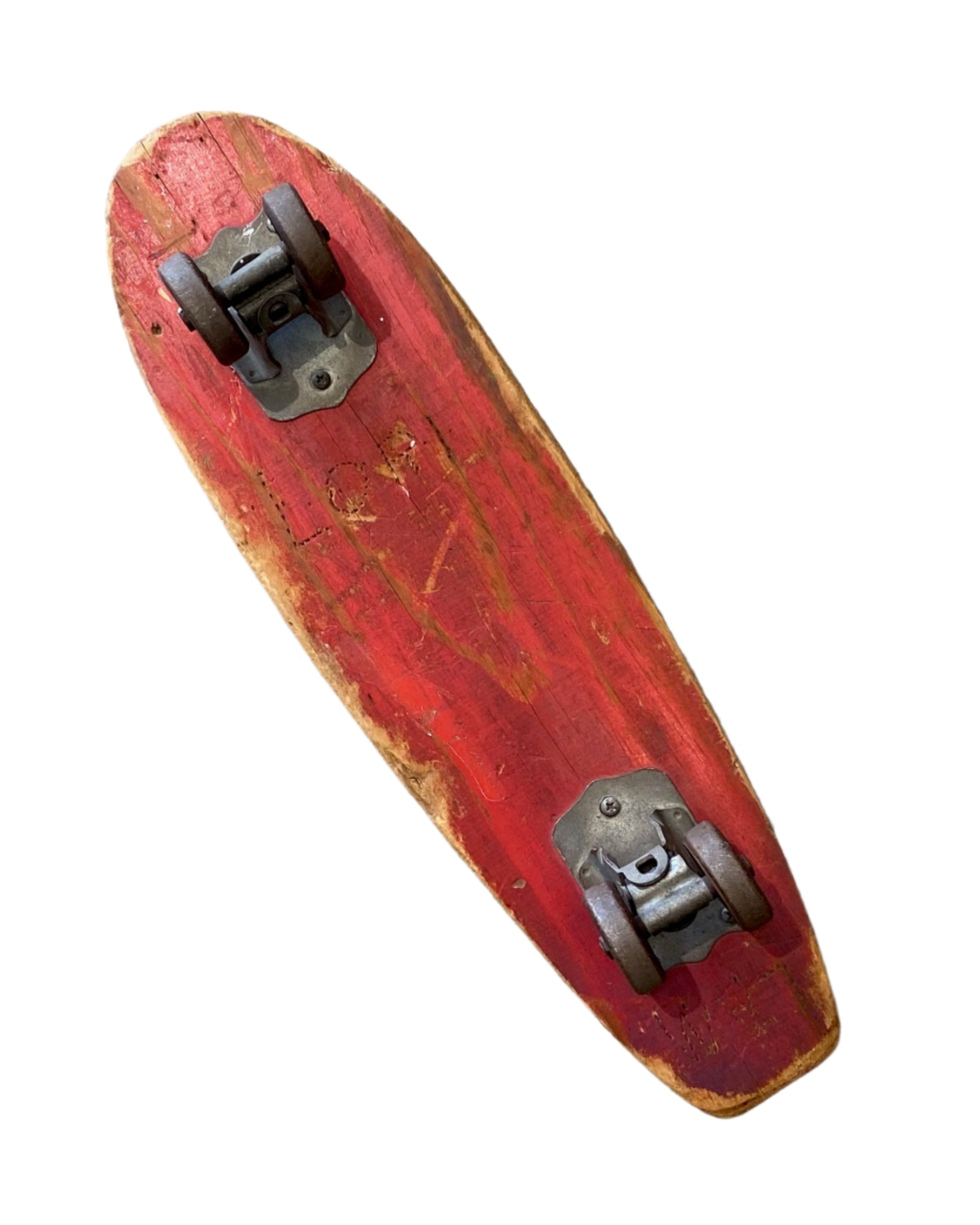 Red Tenderfoot Wood Skateboard 1960's 19.5 in Metal Wheels Bottom shows wear and with Lori Carved