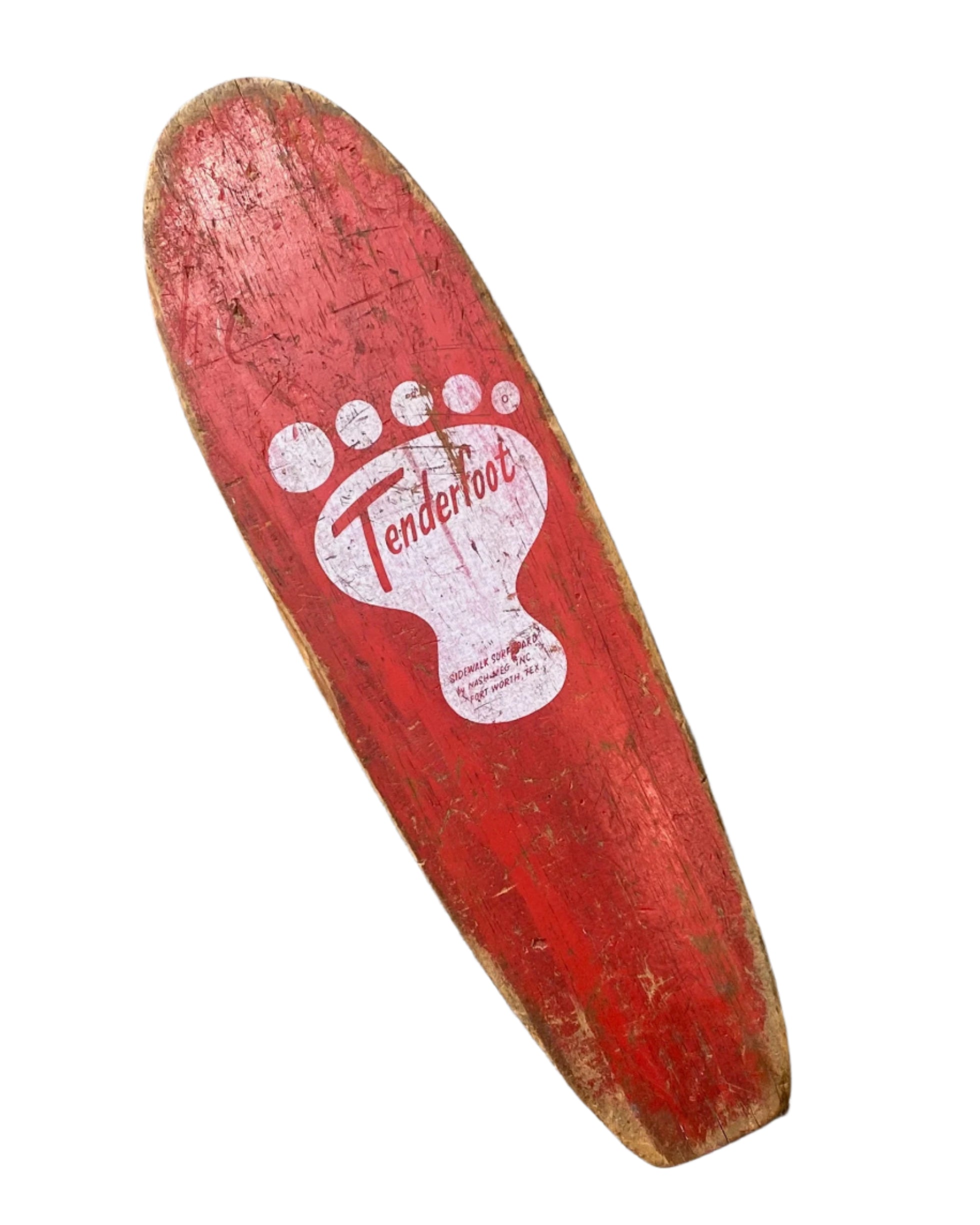 Red Tenderfoot Wood Skateboard 1960's 19.5 in Metal Wheels Red and White Deck