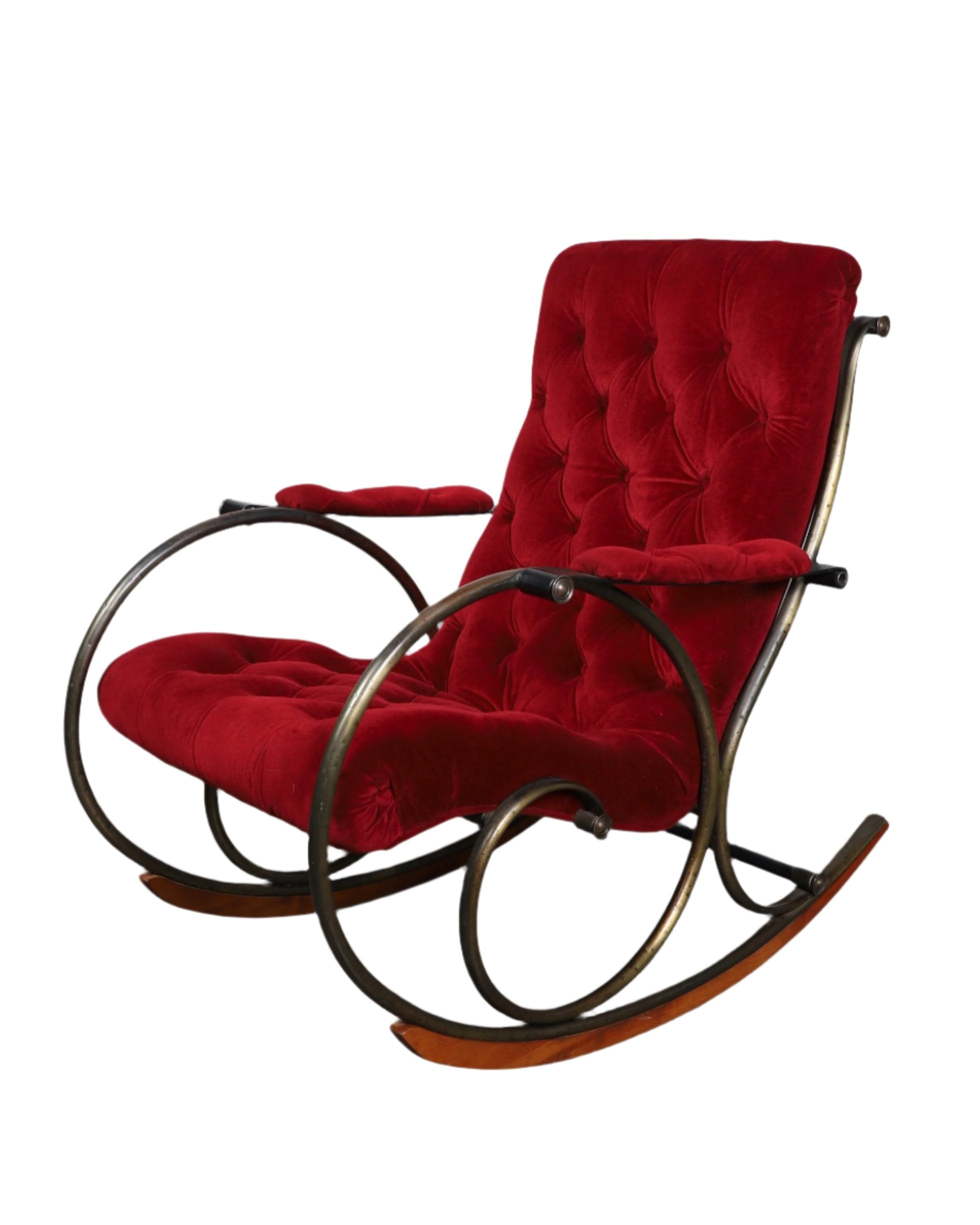 Mid Century Modern Rocking Chair by Lee Woodard Red Velvet + Brass Side View 1