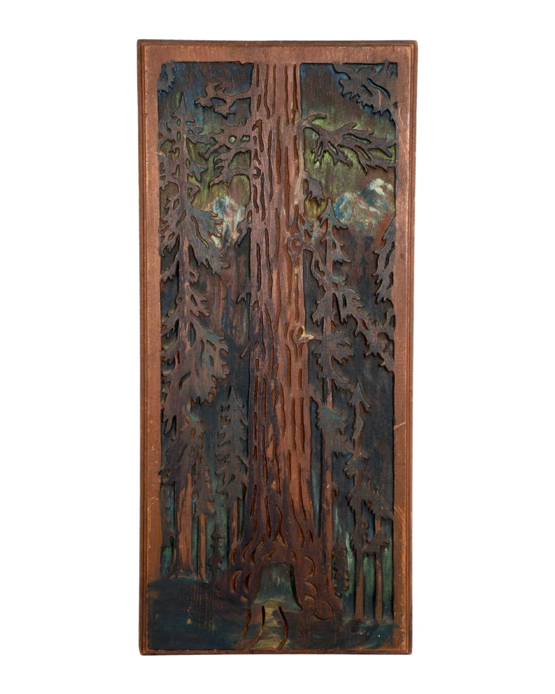 Vintage 1950s Redwood Wall Plaque featuring a detailed carving of The Pioneer Cabin Tree, also known as The Tunnel Tree, set against a backdrop of rich browns and greens, capturing the essence of the forest. Dimensions: 32 inches high by 15 inches wide by 2 inches deep.