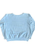 Back view of plain light blue 1970s sweatshirt with ribbed hem and sleeves.