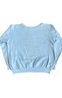 Back view of plain light blue 1970s sweatshirt with ribbed hem and sleeves.