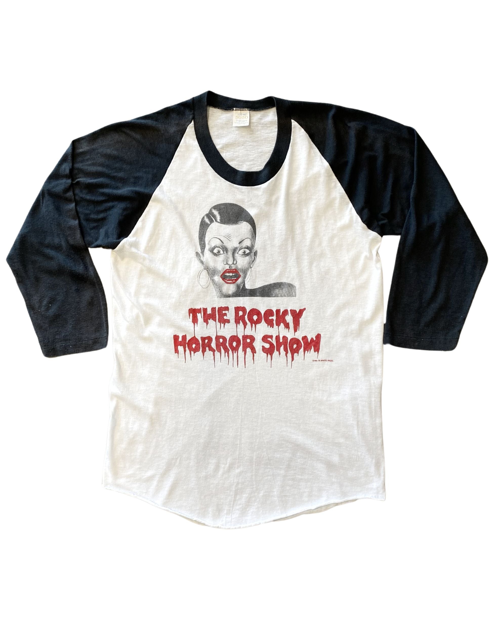  Front view of vintage Rocky Horror Picture Show baseball T-shirt.