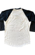 Back hem and sleeve details of black-and-white baseball tee.