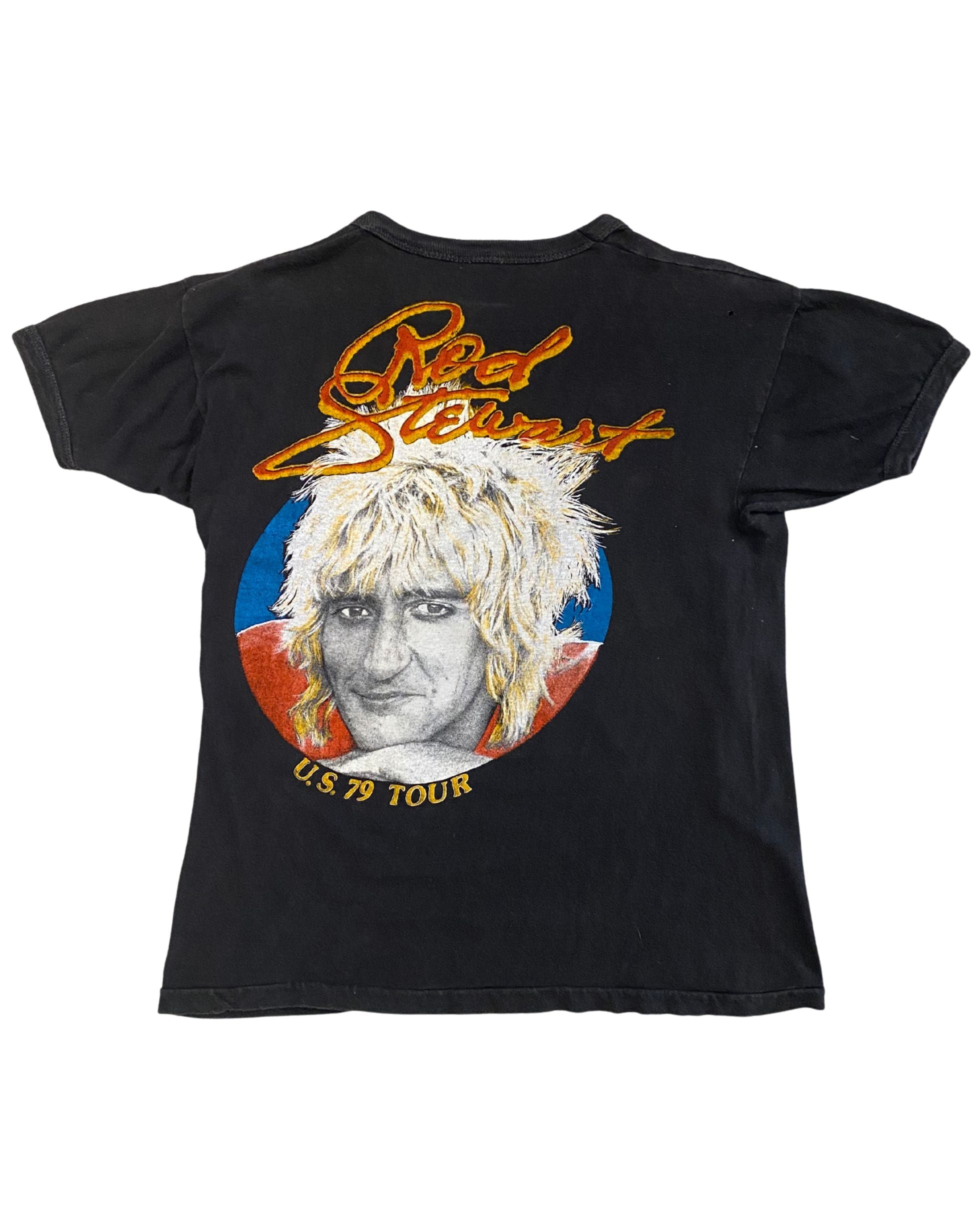 Back of 1979 Rod Stewart U.S. Tour T-shirt with portrait and gold script text.
