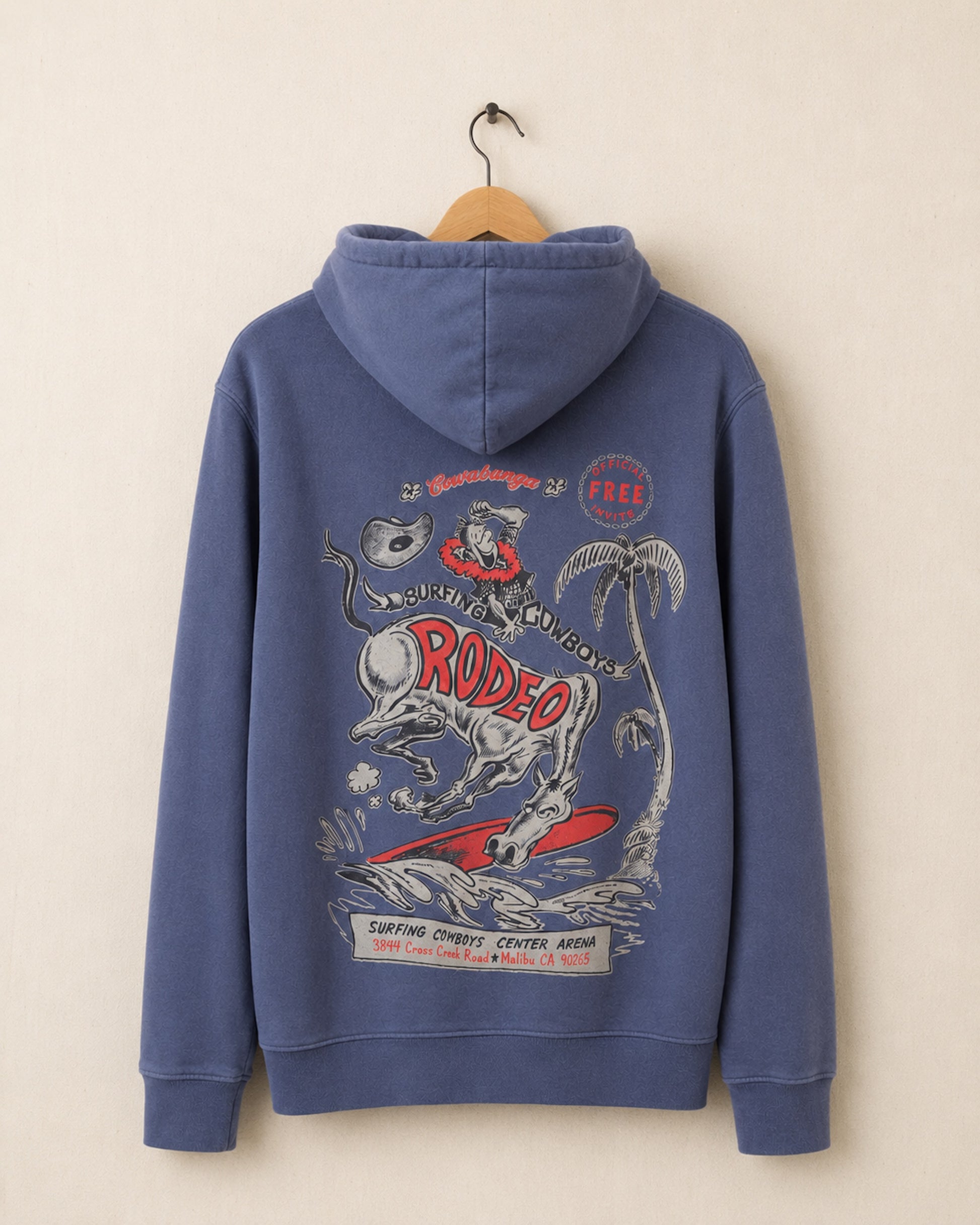 Blue hoodie with a rodeo graphic on a beige background
