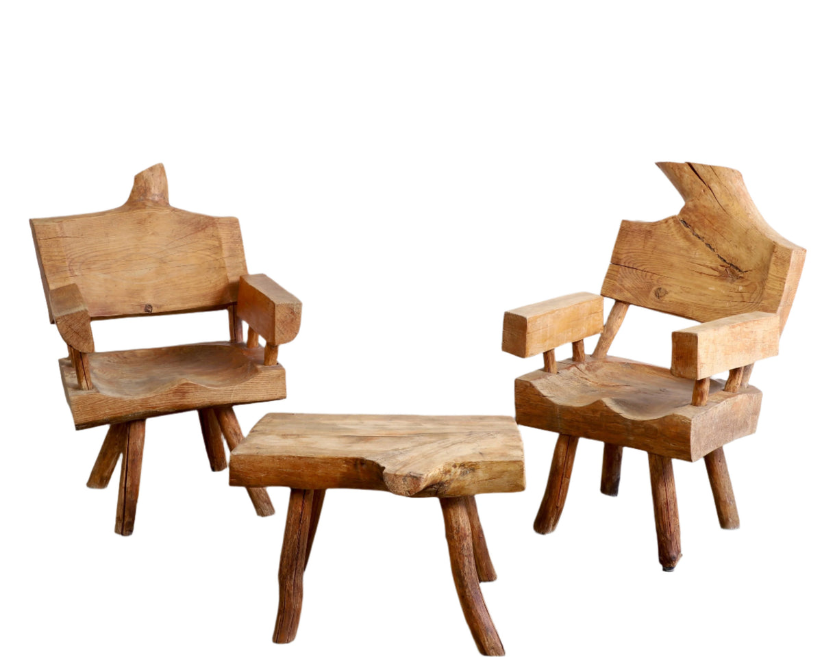 Rustic Wood Chair and Table Set 1960s Mexico Full View