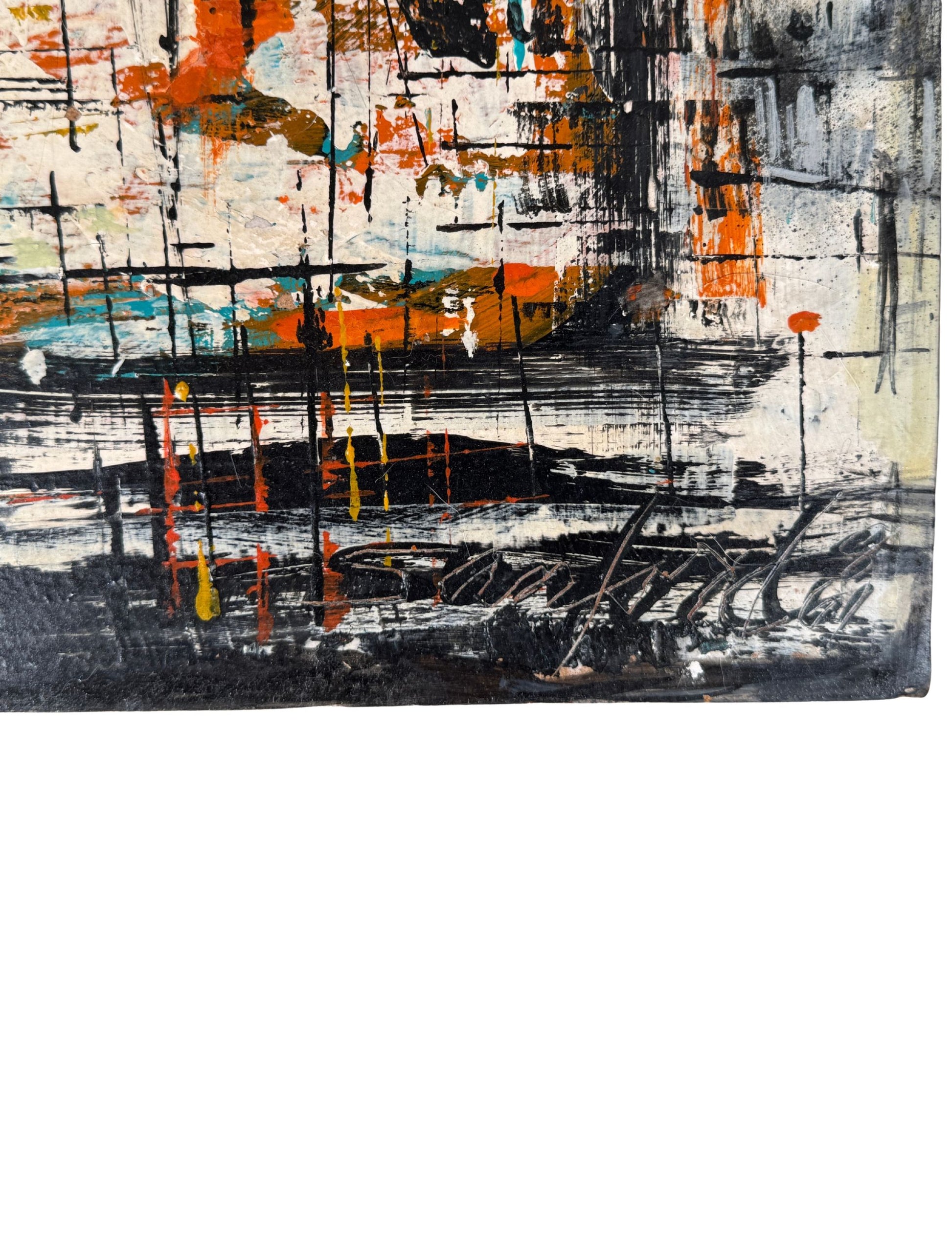 Sanford signature and year on detail of musical-themed painting with black, blue, and orange.
