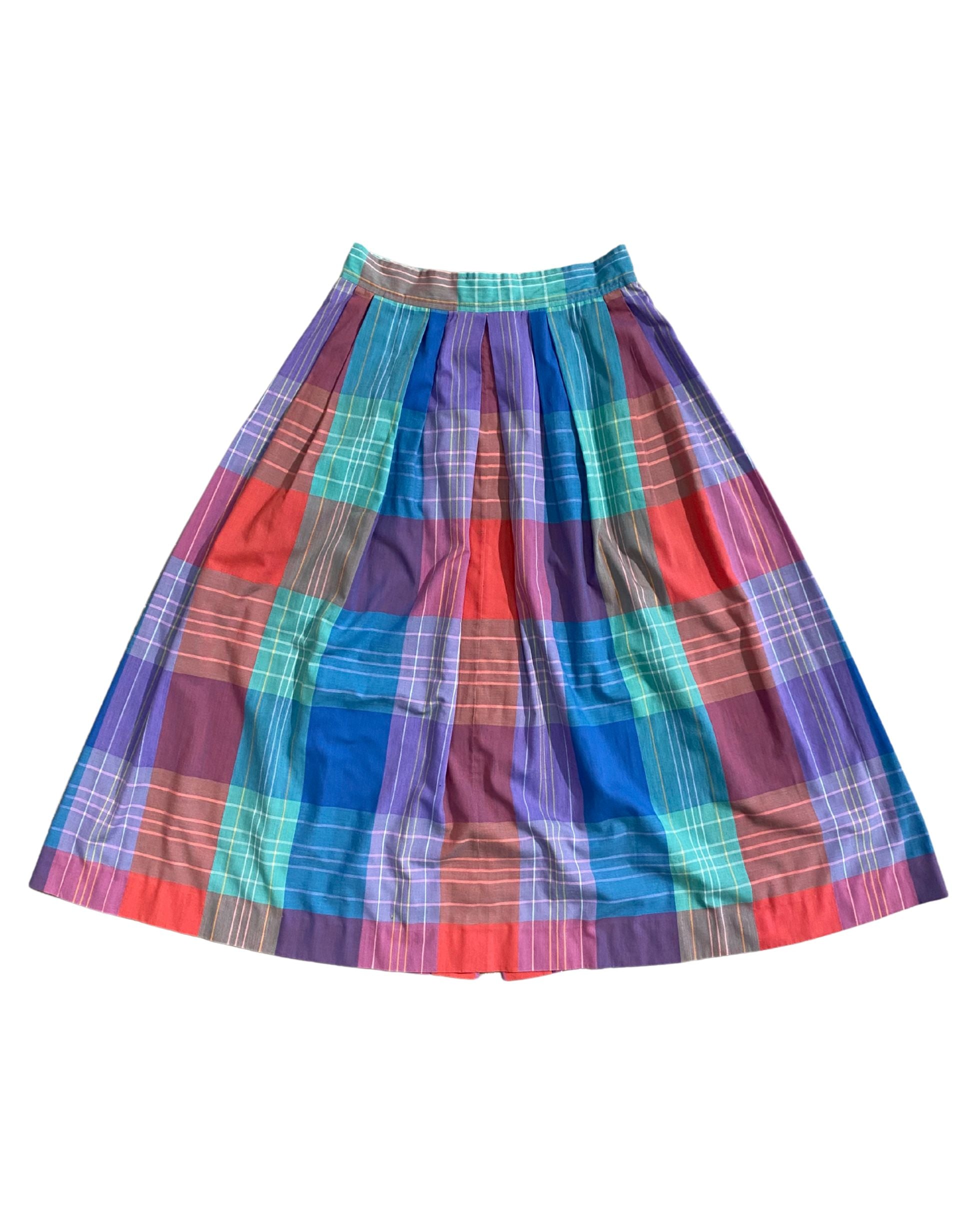 Vintage 1970s Saks Fifth Avenue Midi Skirt – Multicolor Cotton Plaid – Medium Back View showing pleats.