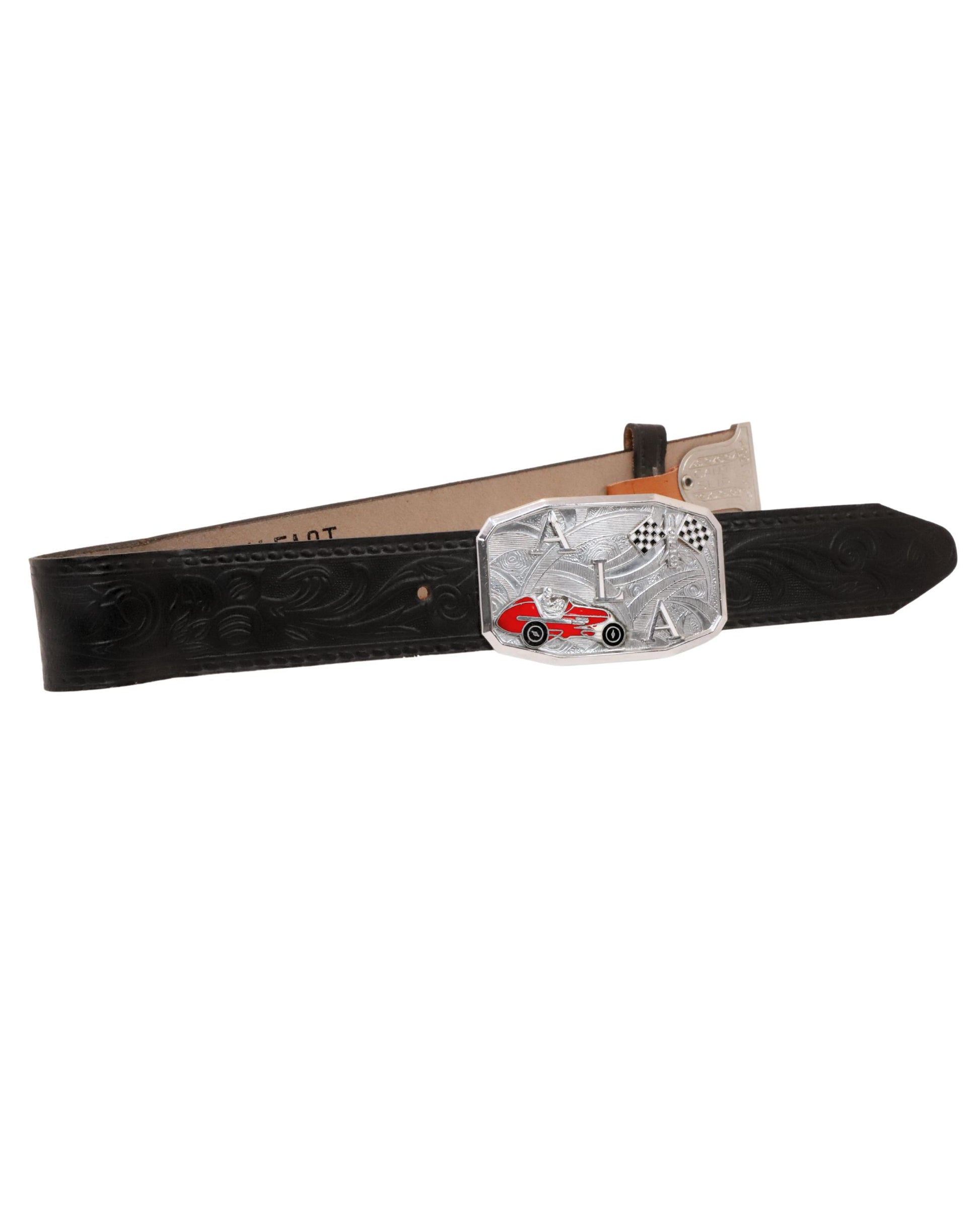 Hook-Fast leather belt with “ALA” racing buckle.