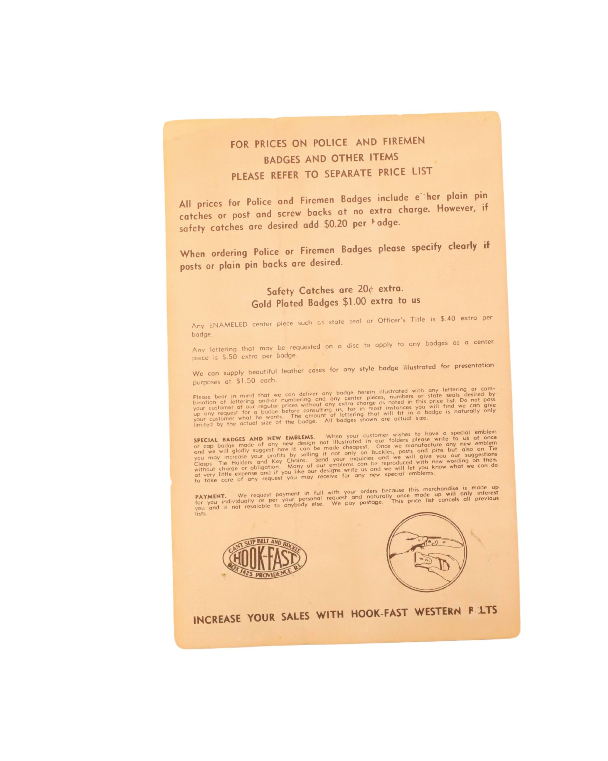 Reverse side of Hook-Fast sales brochure.