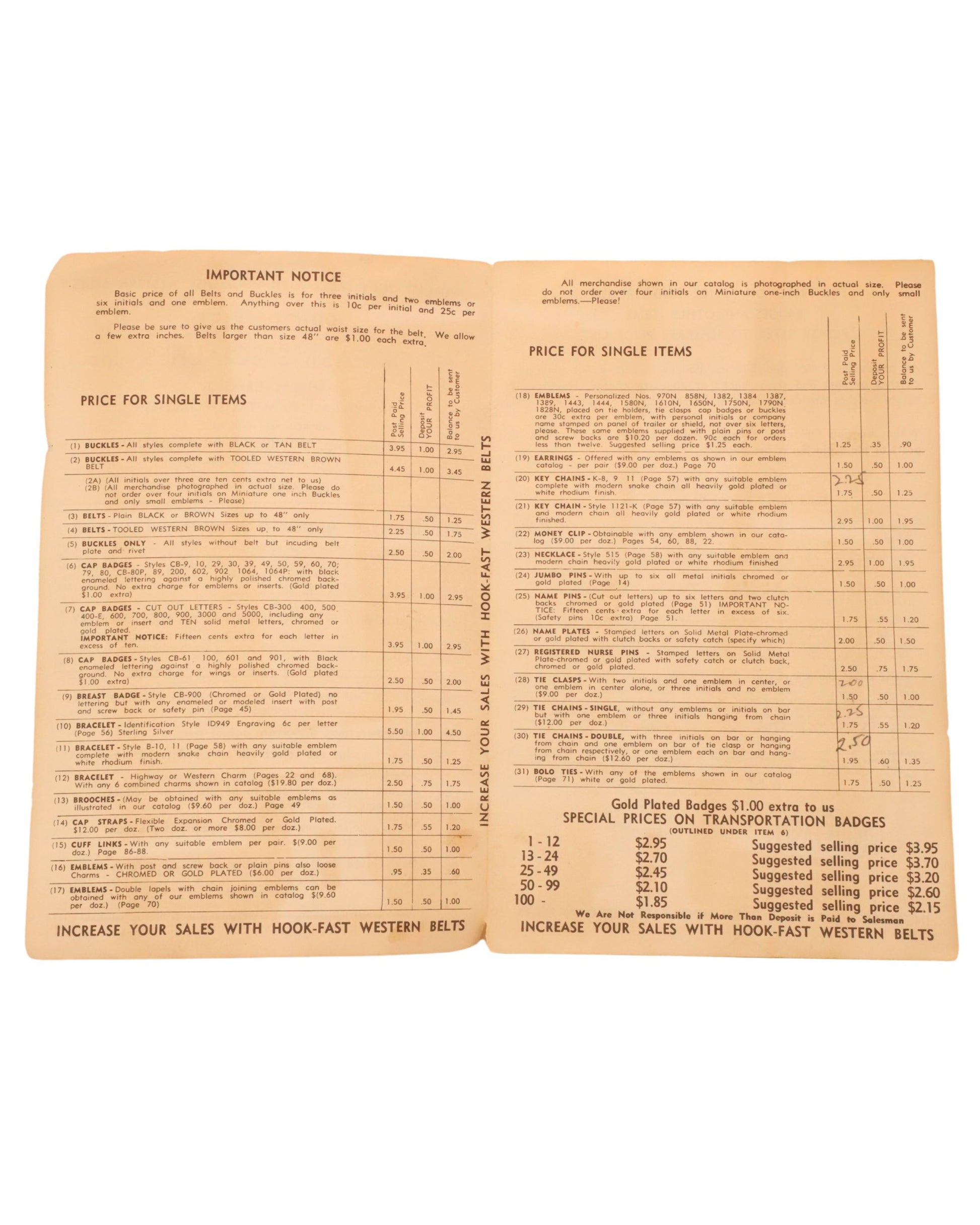 1958 Hook-Fast price list with vintage typography. Open