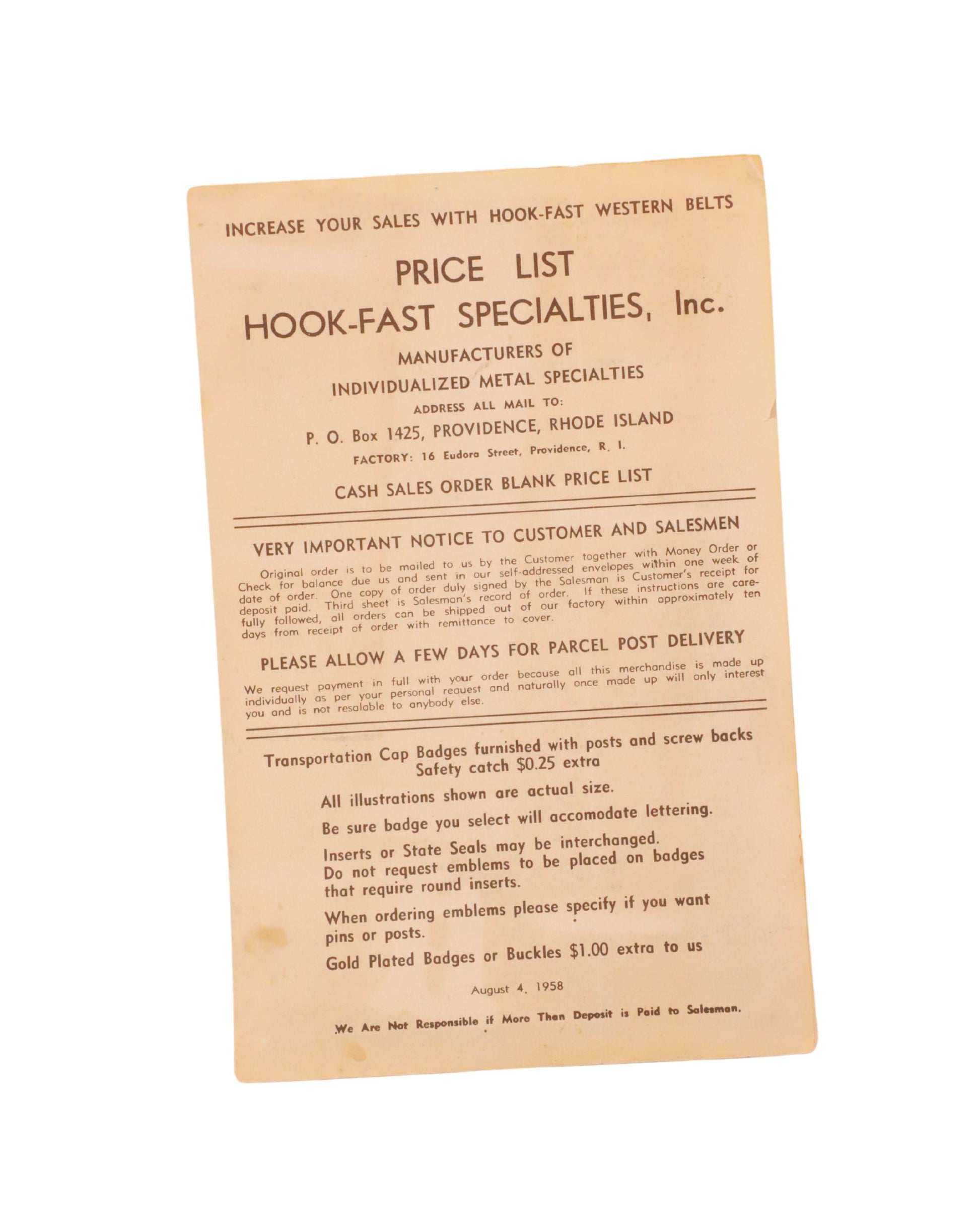 1958 Hook-Fast price list with vintage typography.