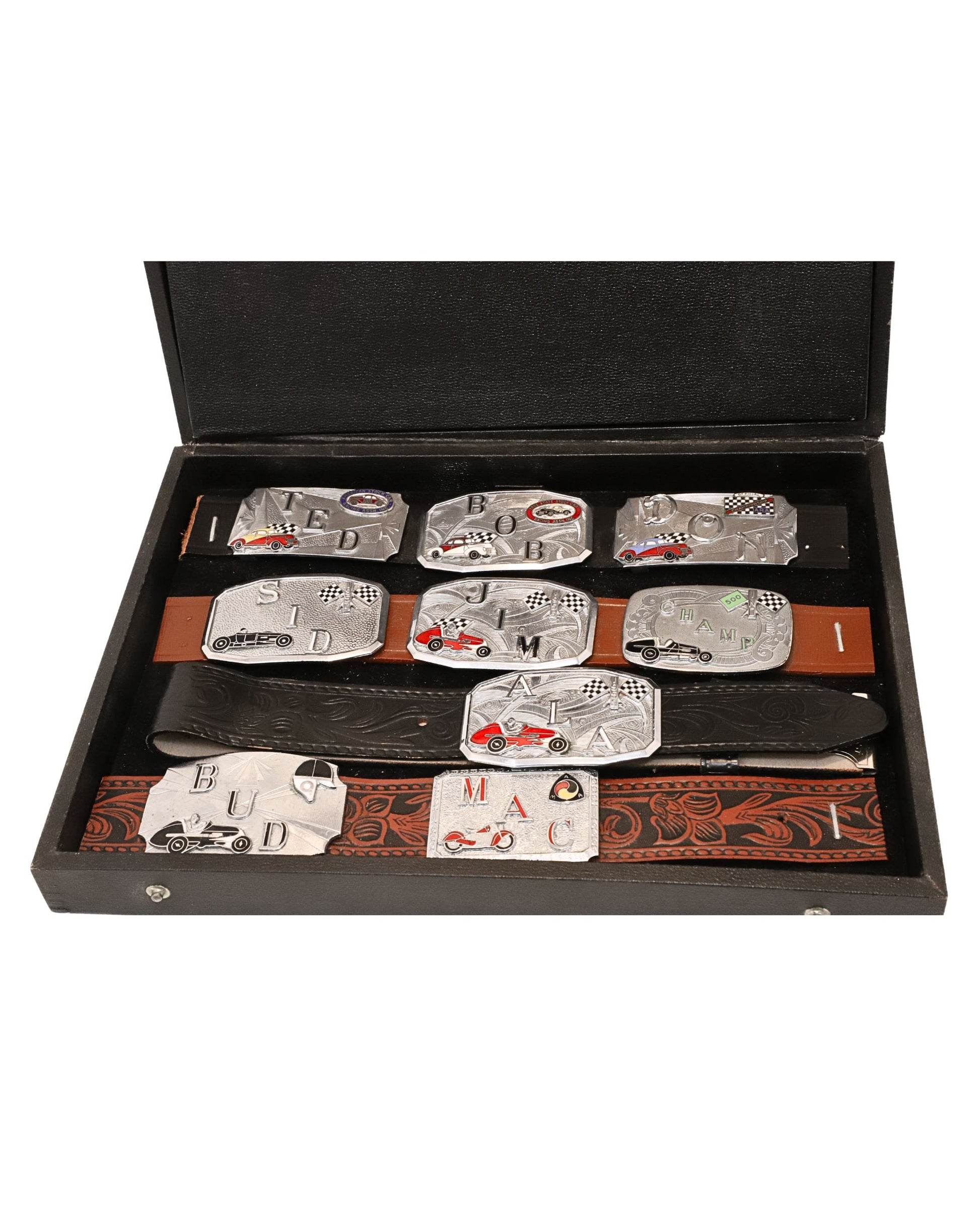 Open display of vintage Hook-Fast belt buckles.