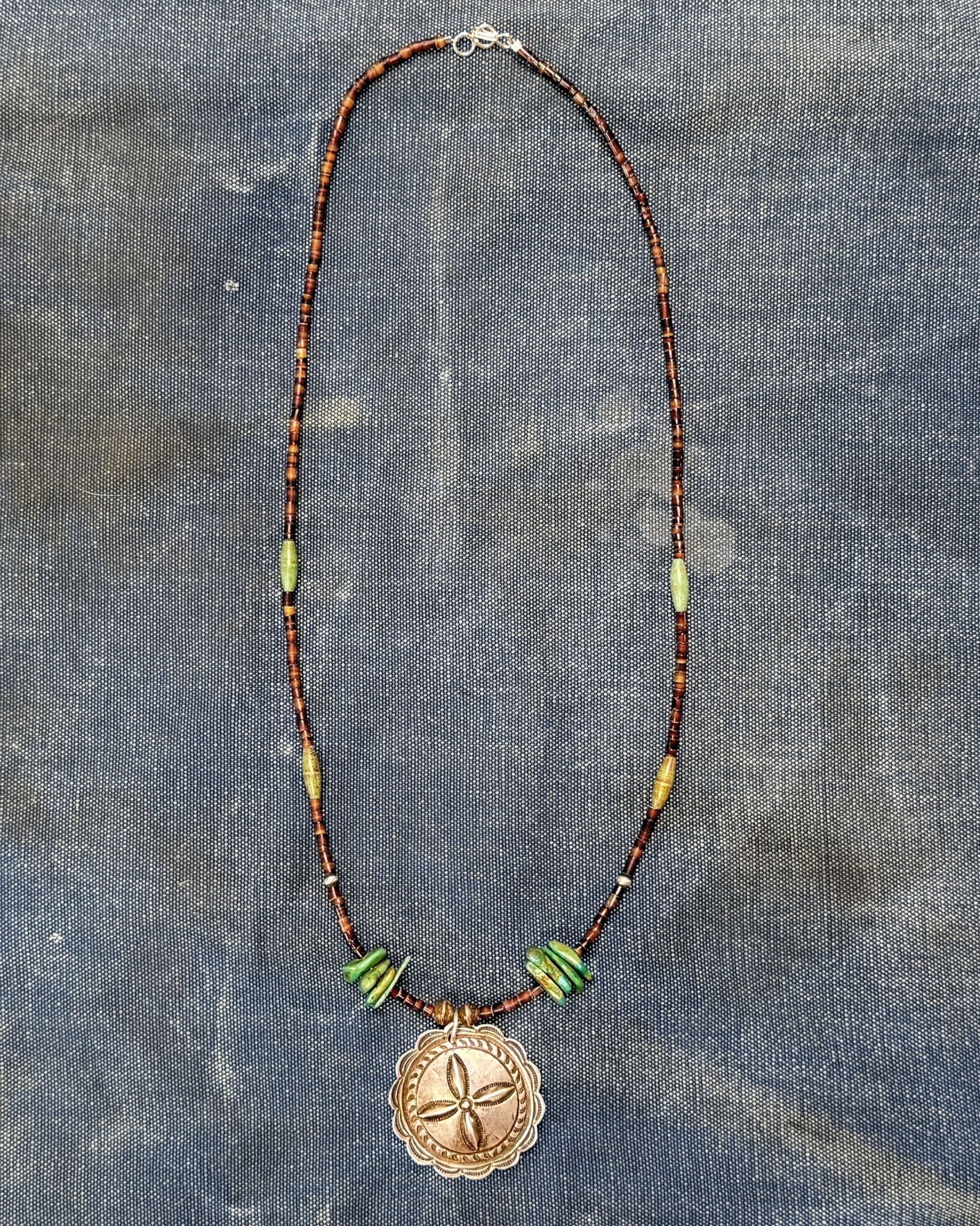 Turquoise + Shell Heishi Necklace with Vintage Southwestern Sand Dollar Concho Pendant