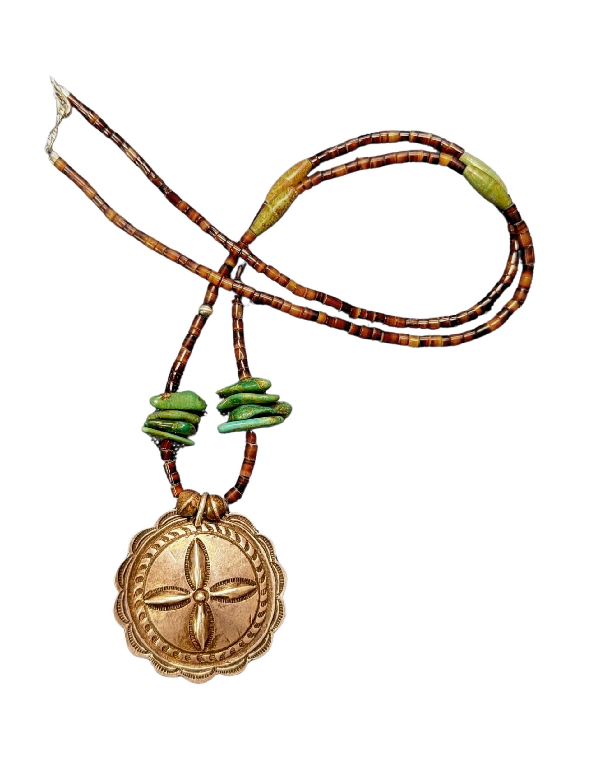 Turquoise + Shell Heishi Necklace with Vintage Southwestern Sand Dollar Concho Pendant