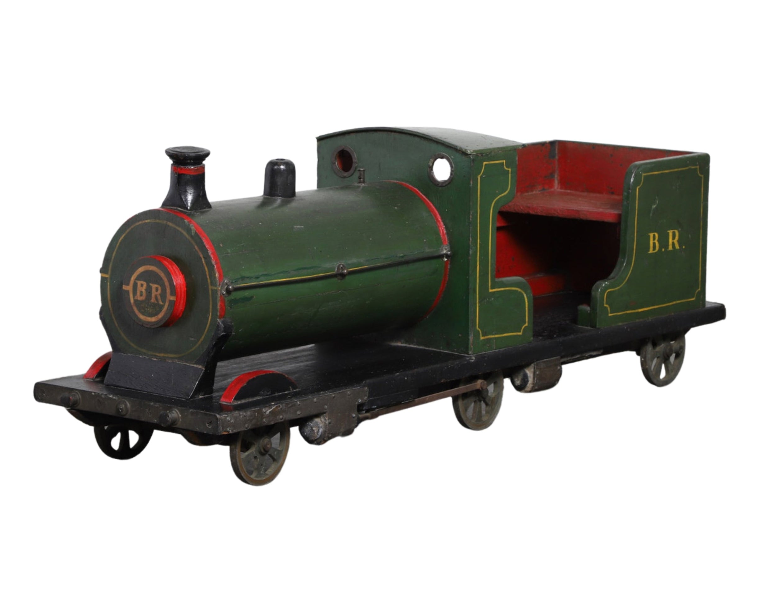 Vintage British Railways scale model locomotive with wood body and metal wheels.