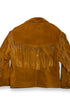 Back view of vintage Schott suede fringe jacket with saddle-brown leather and full back fringe.