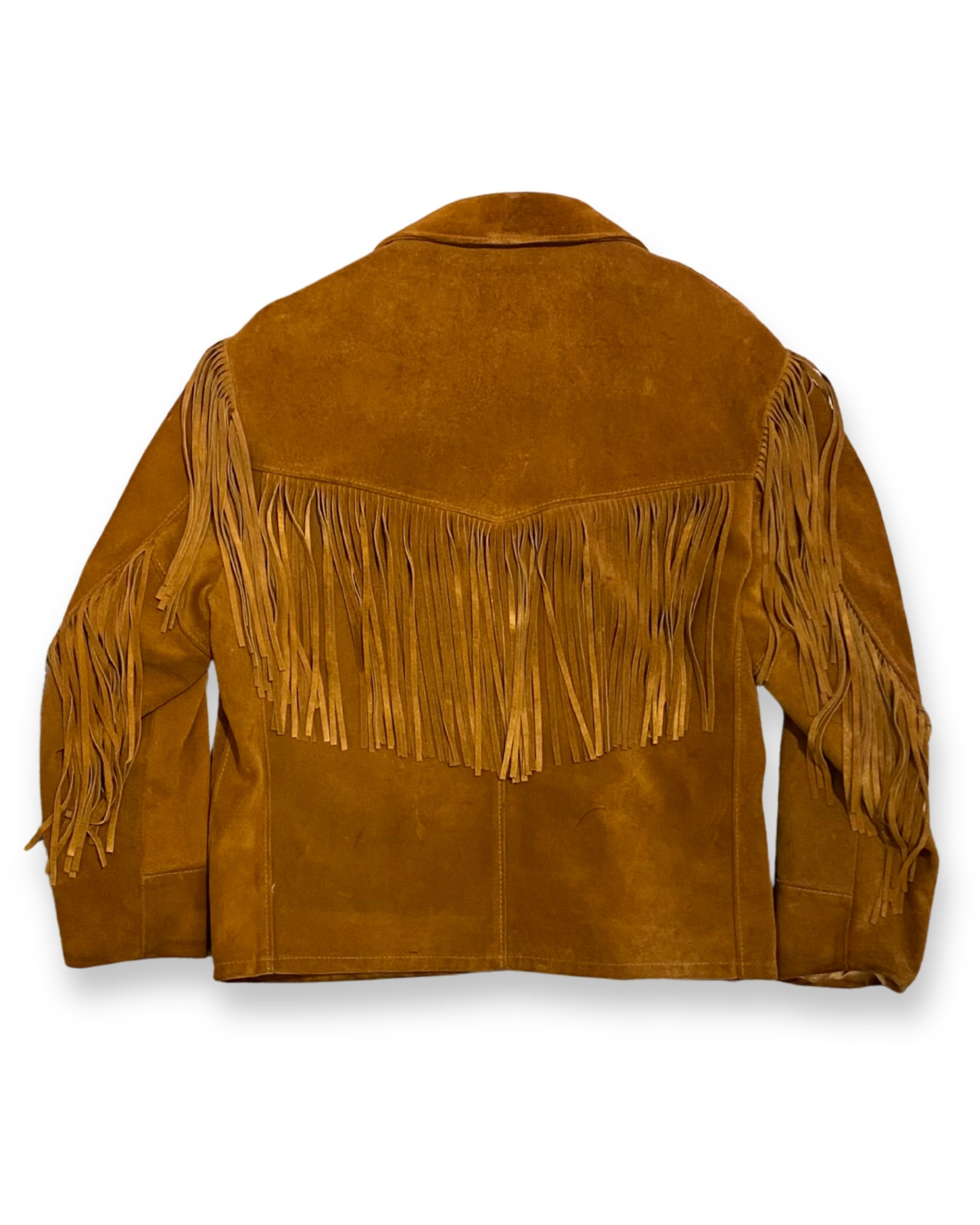 Back view of vintage Schott suede fringe jacket with saddle-brown leather and full back fringe.