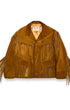Front view of 1970s Schott brown suede fringe jacket with long Western fringe and snap closure.