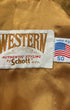 Label detail of Western by Schott NYC suede fringe jacket made in USA, size 50.