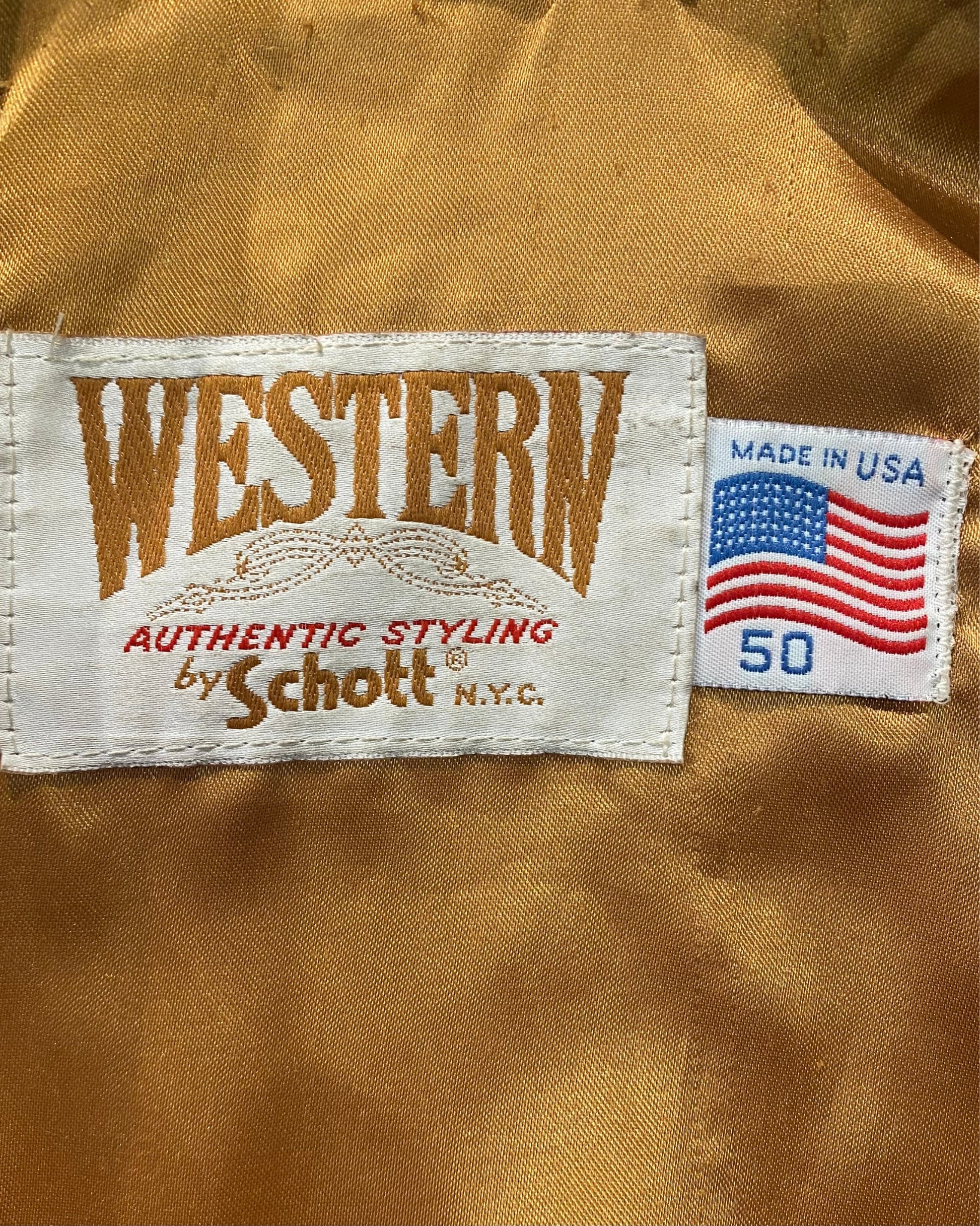 Label detail of Western by Schott NYC suede fringe jacket made in USA, size 50.