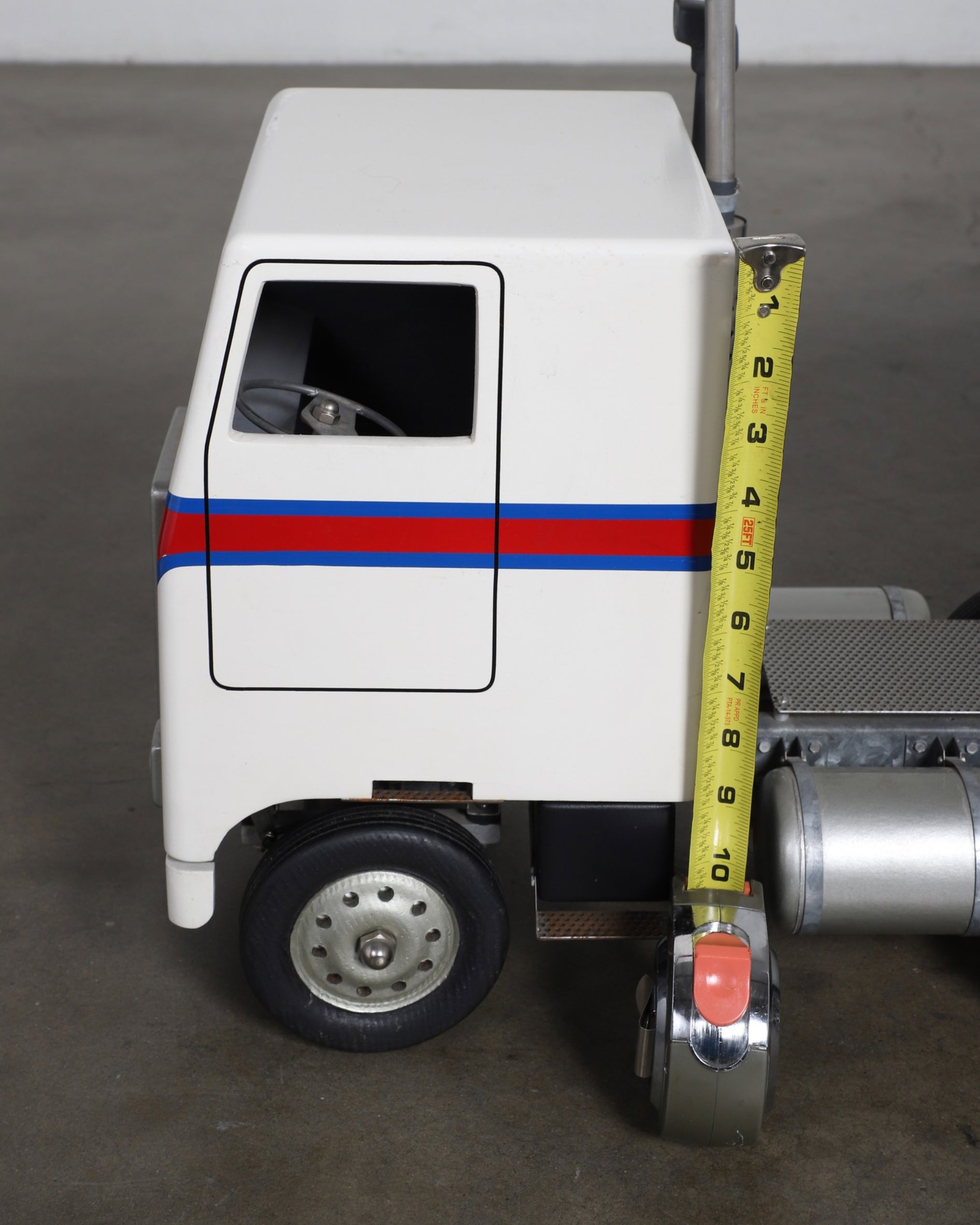 Semi-Trailer Truck Handcrafted w Wood, Metal, Rubber 1970s Front Of Truck View With Measuring Tape