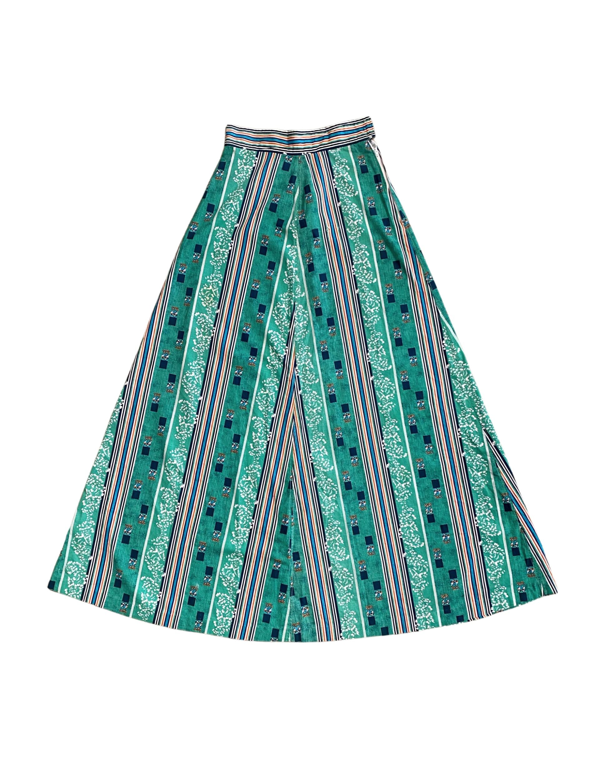 Vintage 1970s Handmade Maxi Skirt – Green, Blue & Multicolor Stripe – Small