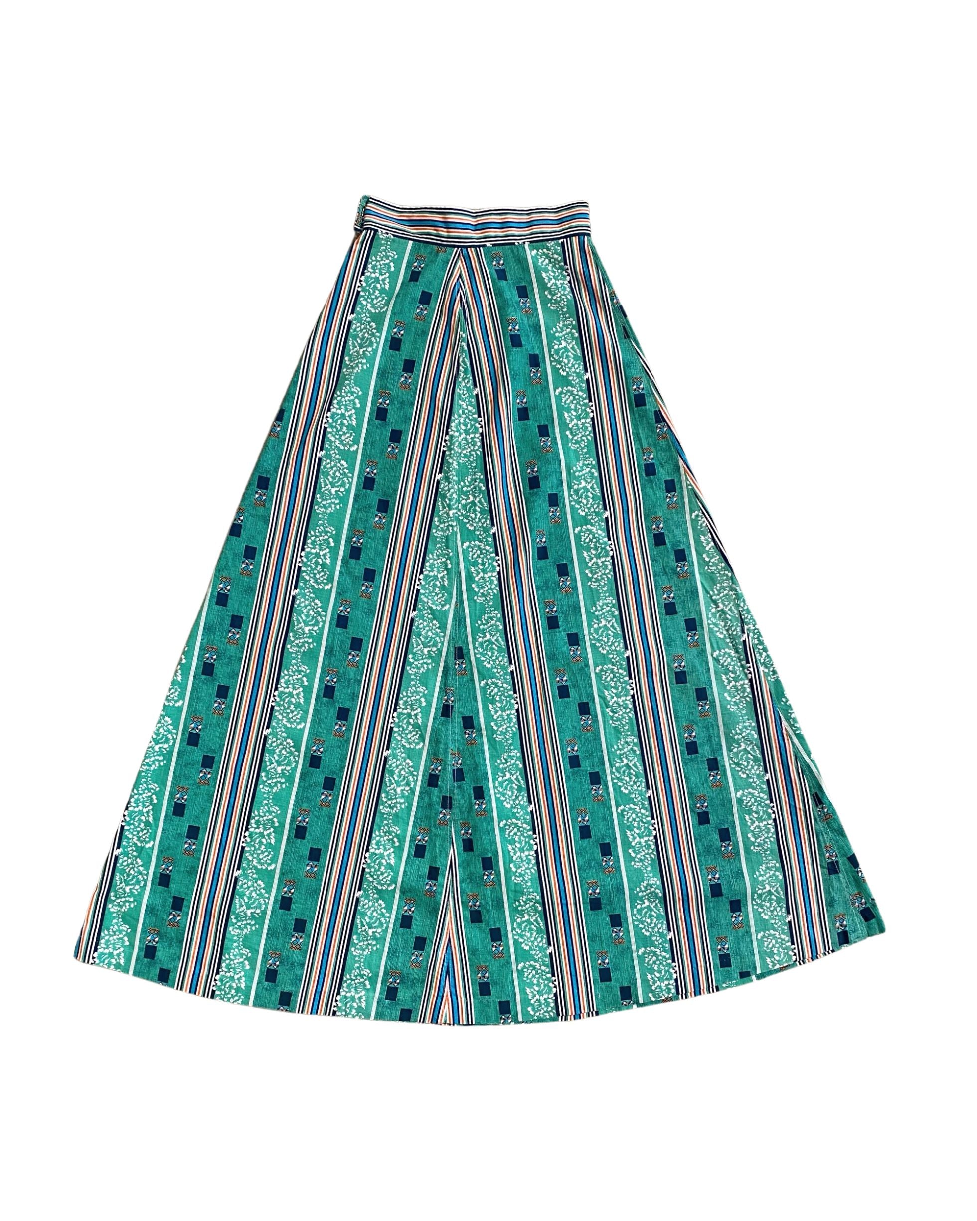 Vintage 1970s Handmade Maxi Skirt – Green, Blue & Multicolor Stripe – Small