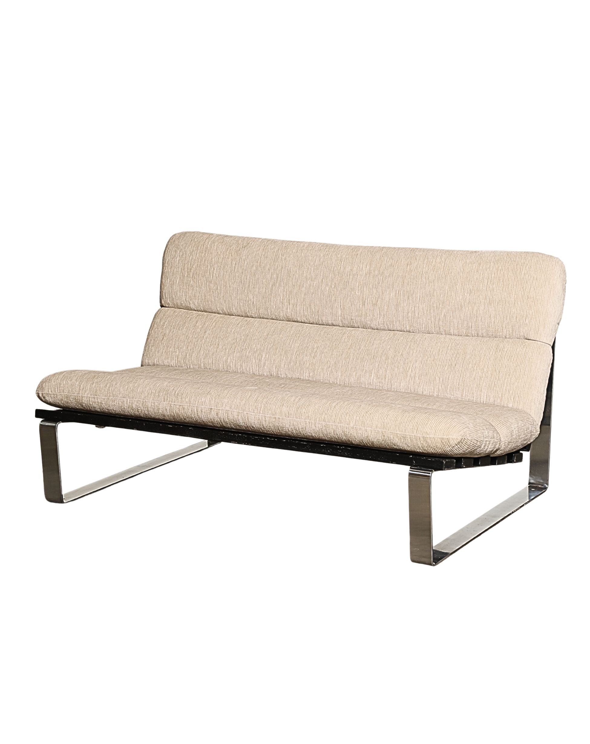 1970s Chrome + Slatted Wood Sofa – European Modernist Style