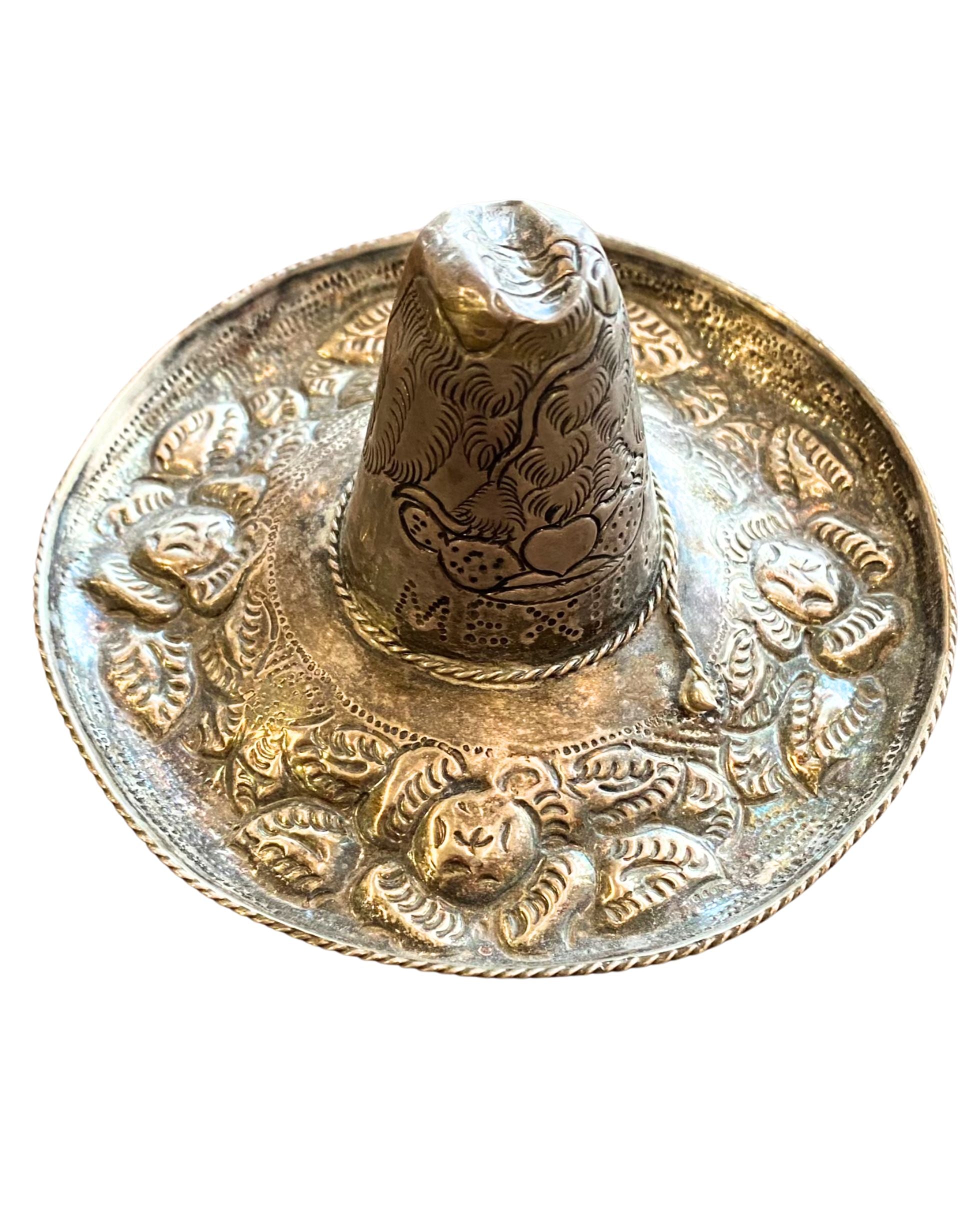 Sombrero Catch-all Sterling Silver Repoussé   4.5 inch Diameter Circa 1950s Mexico