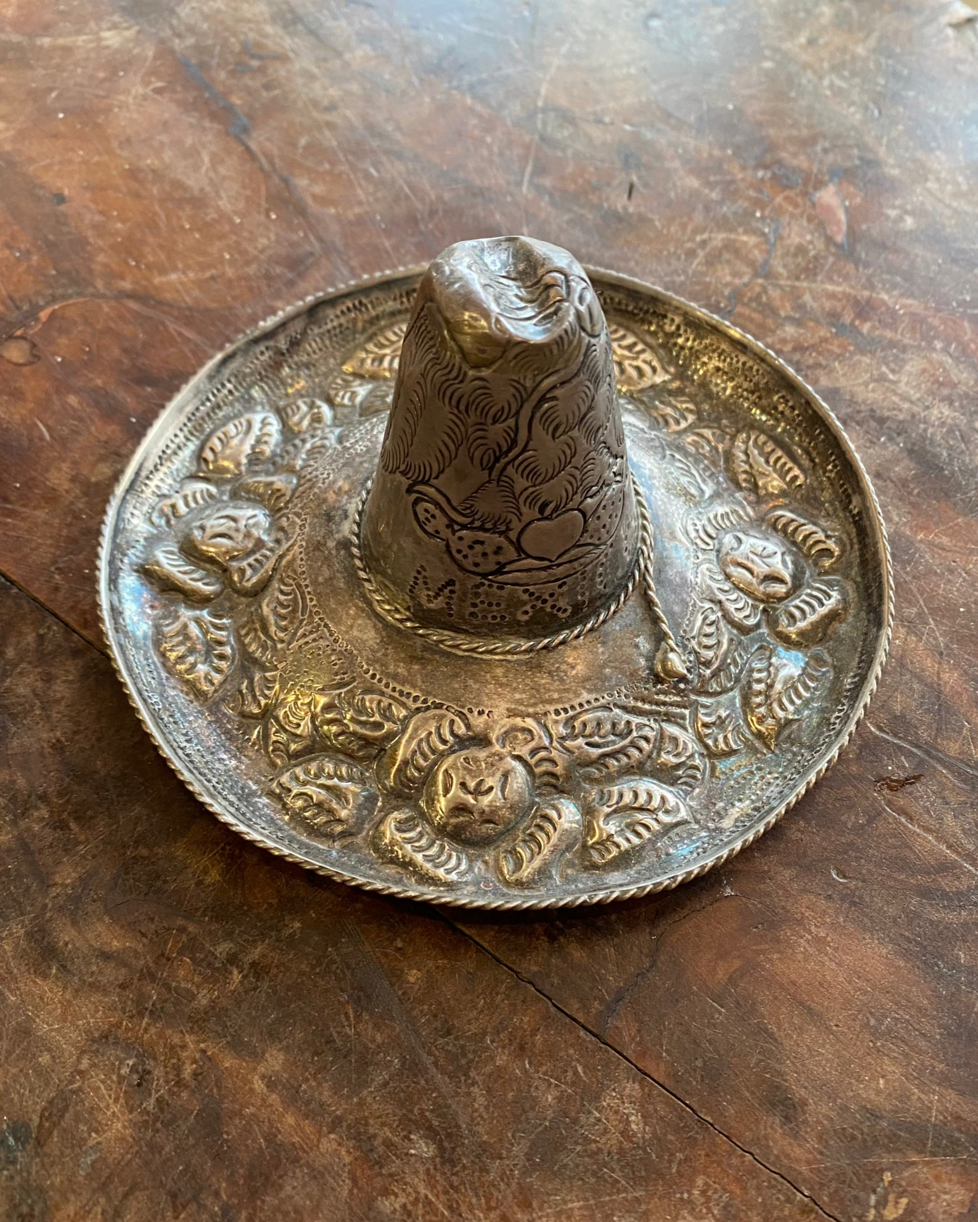Sombrero Catch-all Sterling Silver Repoussé   4.5 inch Diameter Circa 1950s Mexico.