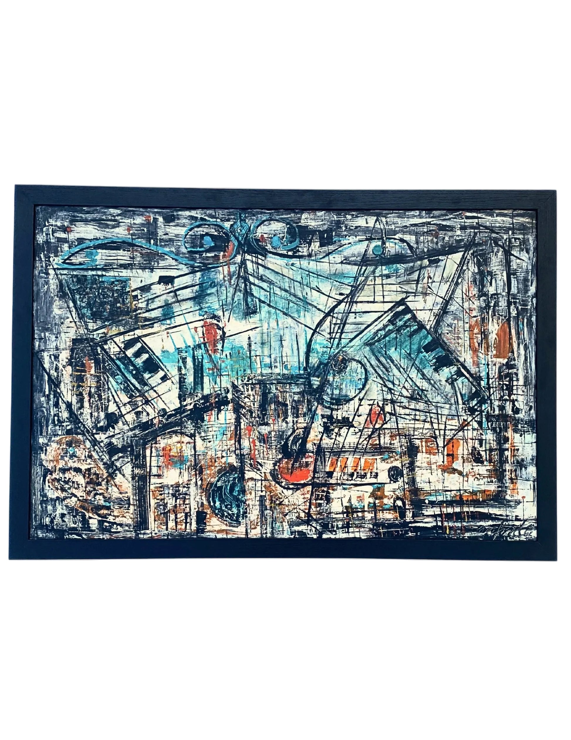 Abstract artwork with blue, orange, and black colors on a white background