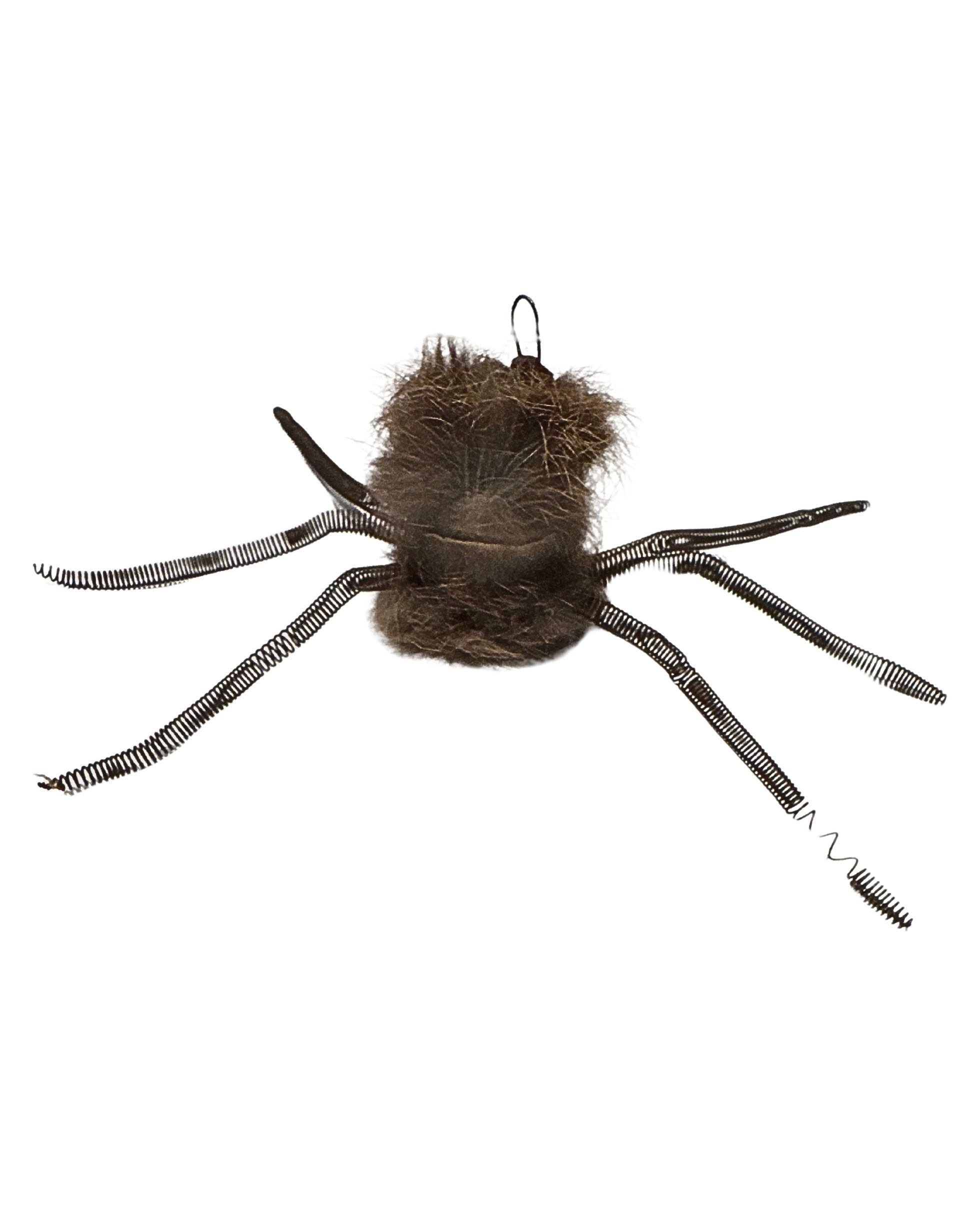 Back view of mixed media spider-shaped decoration attributed to 1946 horror era, showing fur-covered body and coiled wire legs.