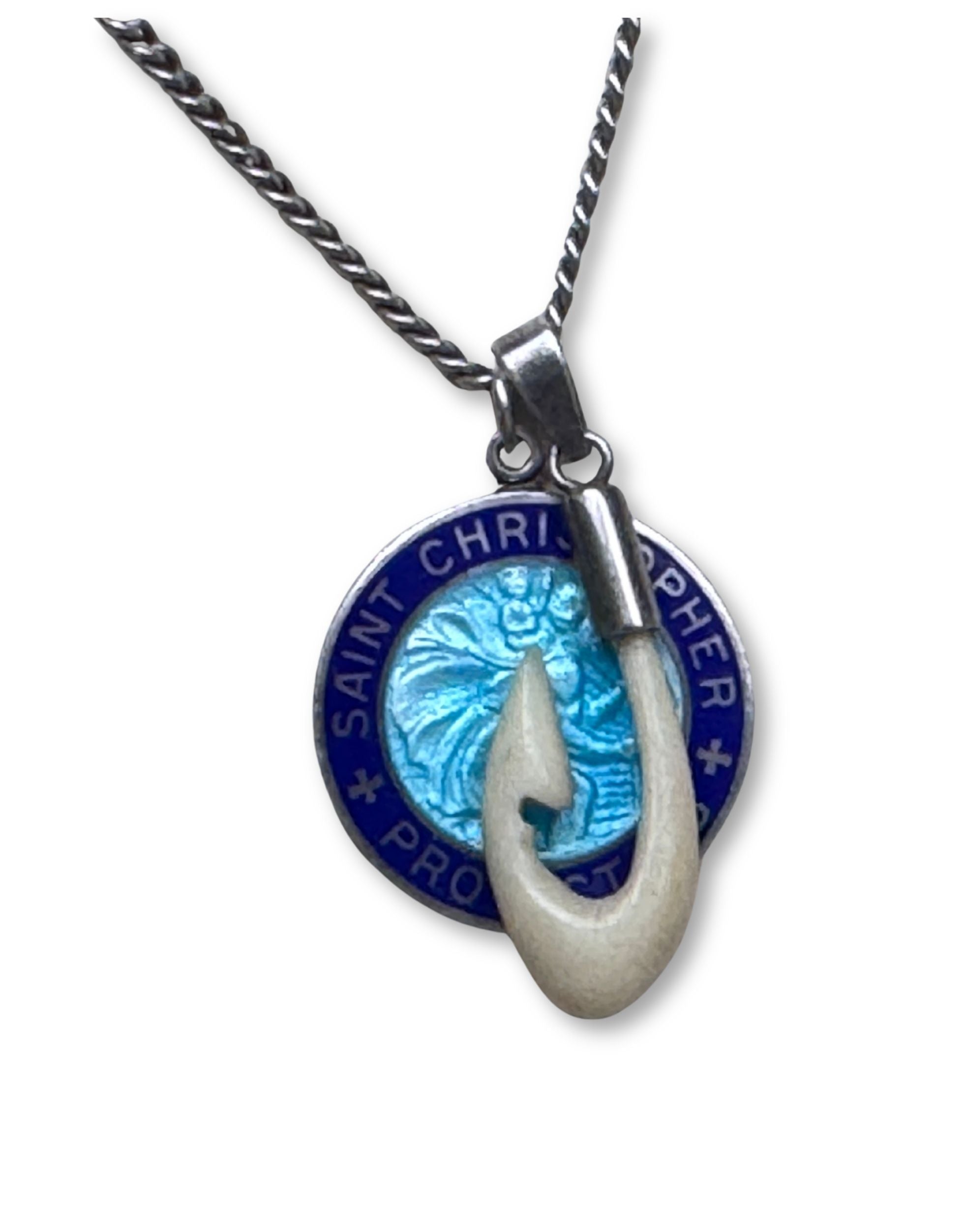 Vintage Sterling Silver St. Christopher + Hawaiian Mākau Surfer Necklace – c. 1960s–70s
