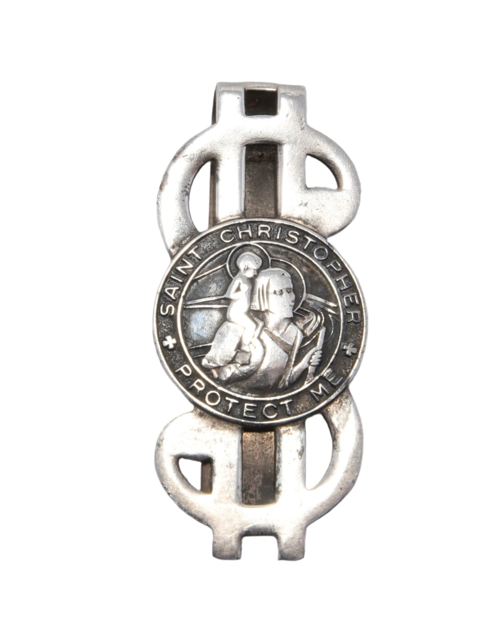 St Christopher Money Clip Shaped like US Dollar Symbol Front View