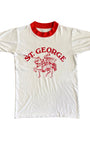Front of white vintage 1970s St. George ringer T-shirt with red text and red trim.
