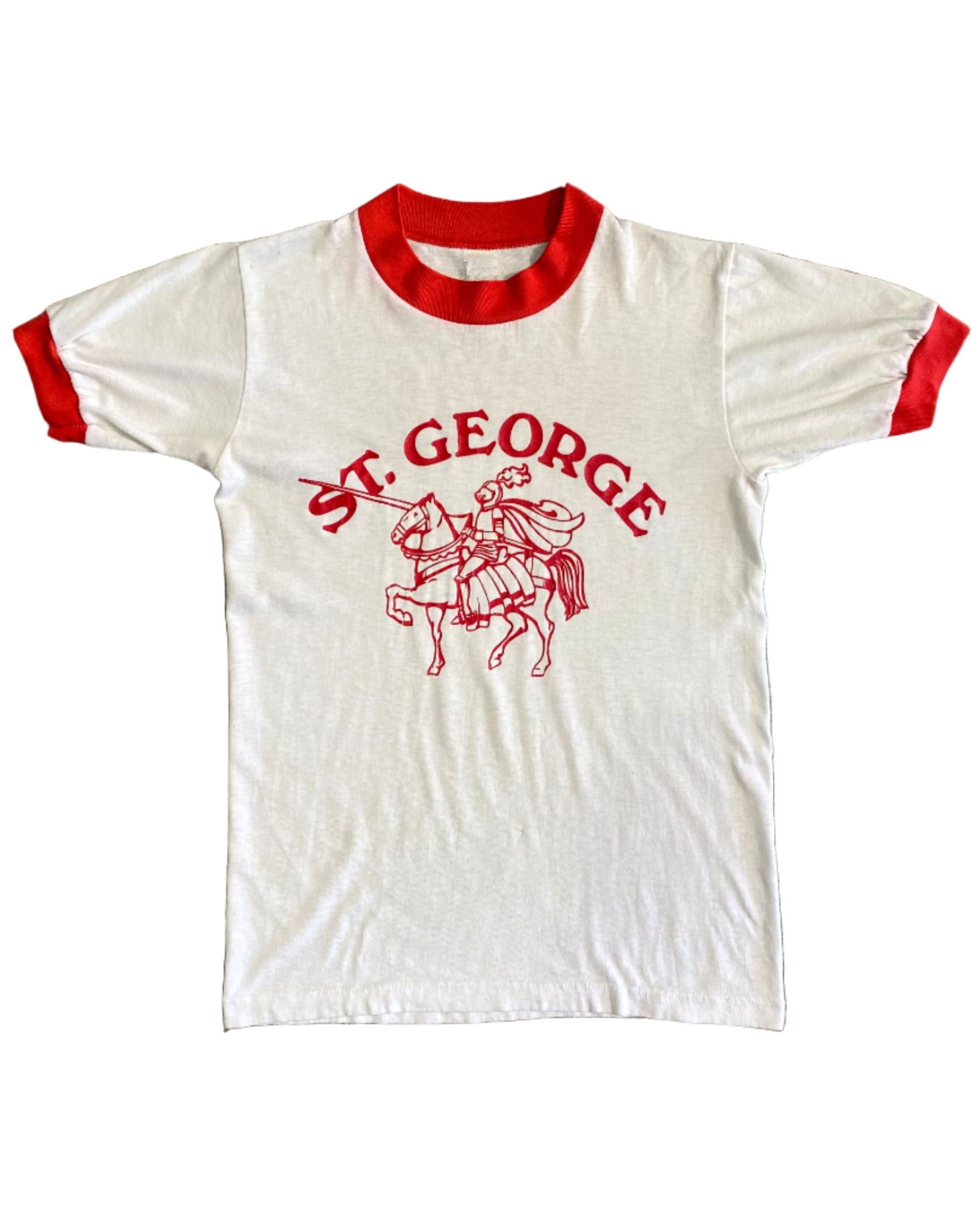 Front of white vintage 1970s St. George ringer T-shirt with red text and red trim.
