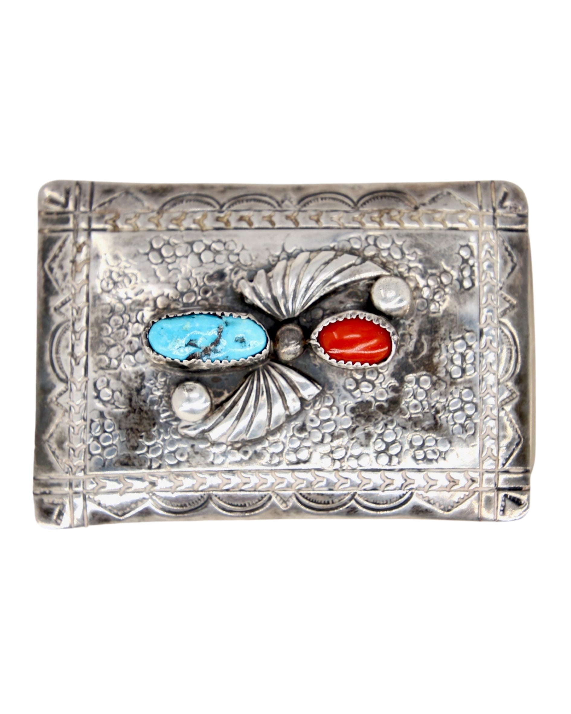 Stamped Sterling Turquoise Coral 1960s Belt Buckle