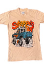 Front view of 1970s vintage Ford pickup graphic T-shirt reading “Steppin’ Out.”